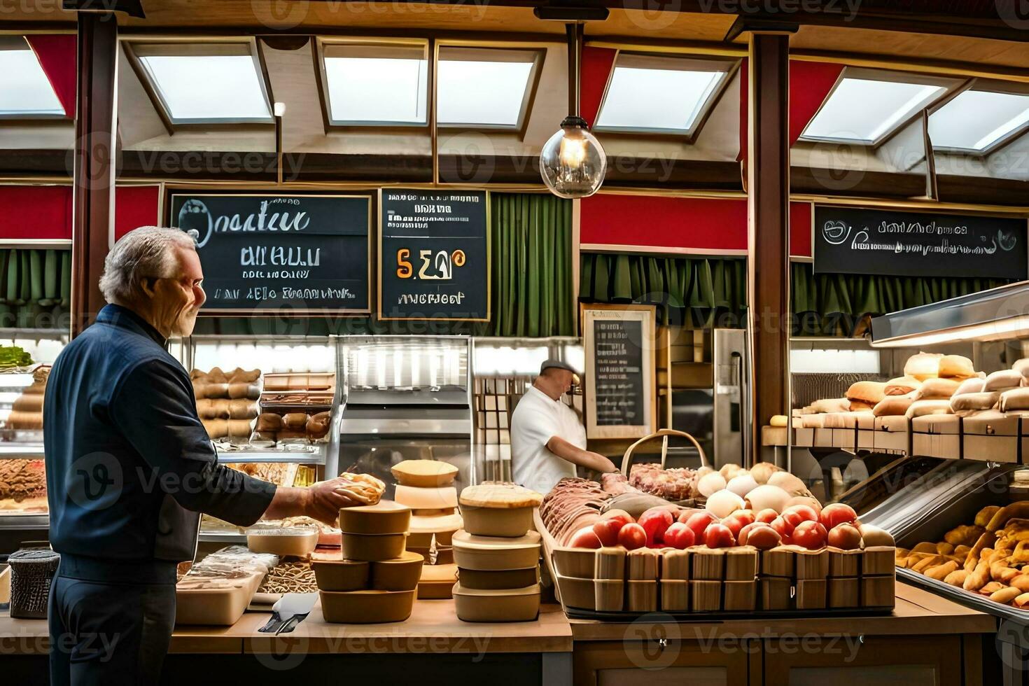 ein Mann ist Stehen im Vorderseite von ein Bäckerei mit Brot und andere Lebensmittel. KI-generiert foto