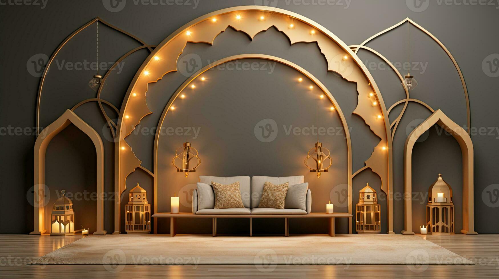 Podium Hintergrund. Ramadan Urlaub Minimalismus Stil . Arabisch Design mit Schatten von Beige Gold Farben. ai generiert foto