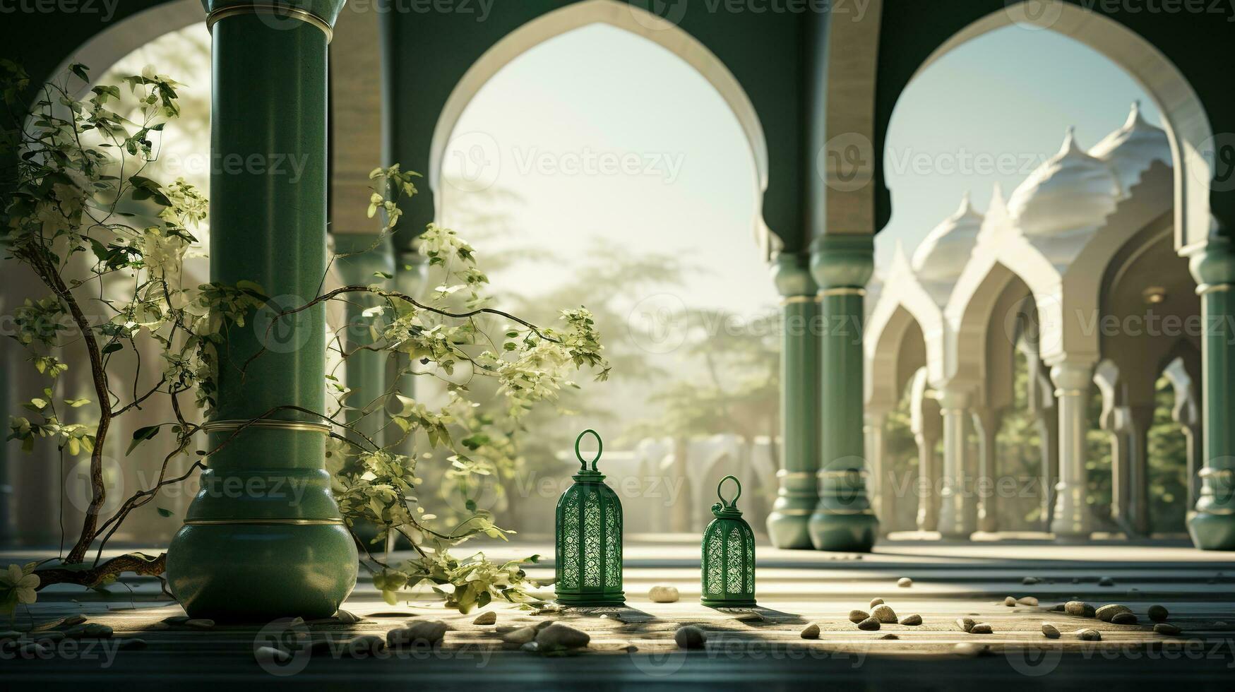 Podium Hintergrund im Ramadan Urlaub Stil mit Laterne. orientalisch Arabisch Design mit Schatten von grün. ai generativ foto