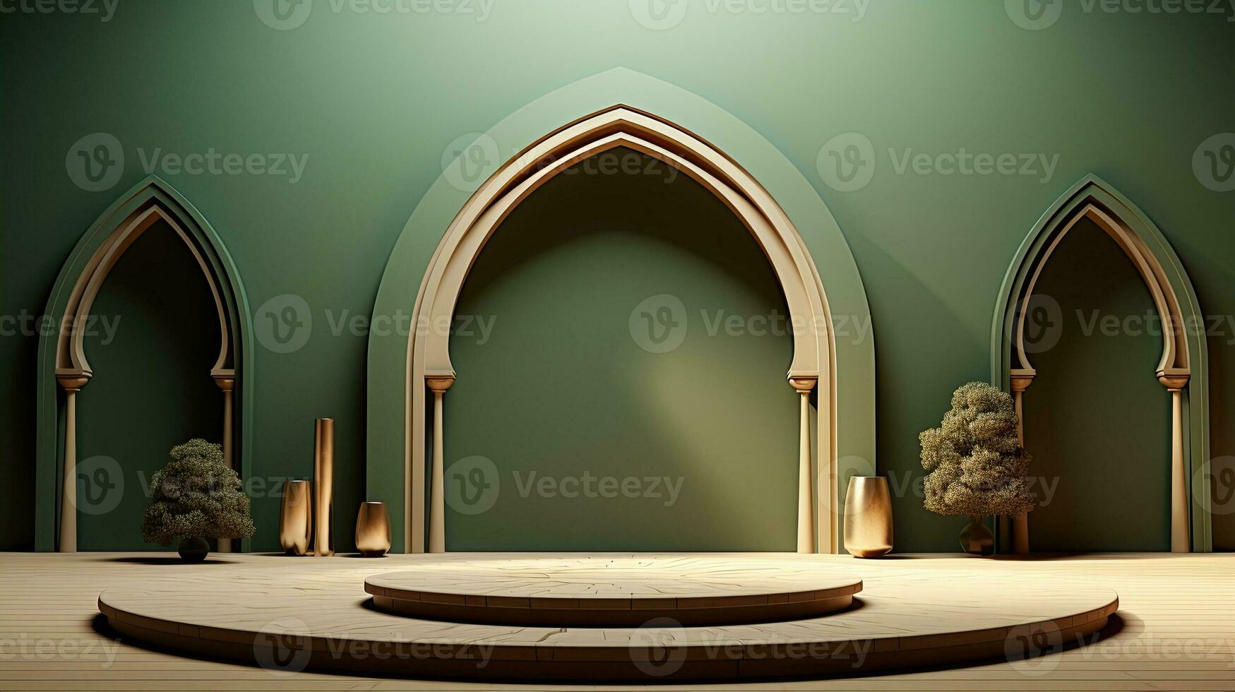 Grün Podium mit Beige Elemente im Arabisch minimalistisch Stil. Podium im das Stil von Ramadan, eid mubarak.ai generiert foto