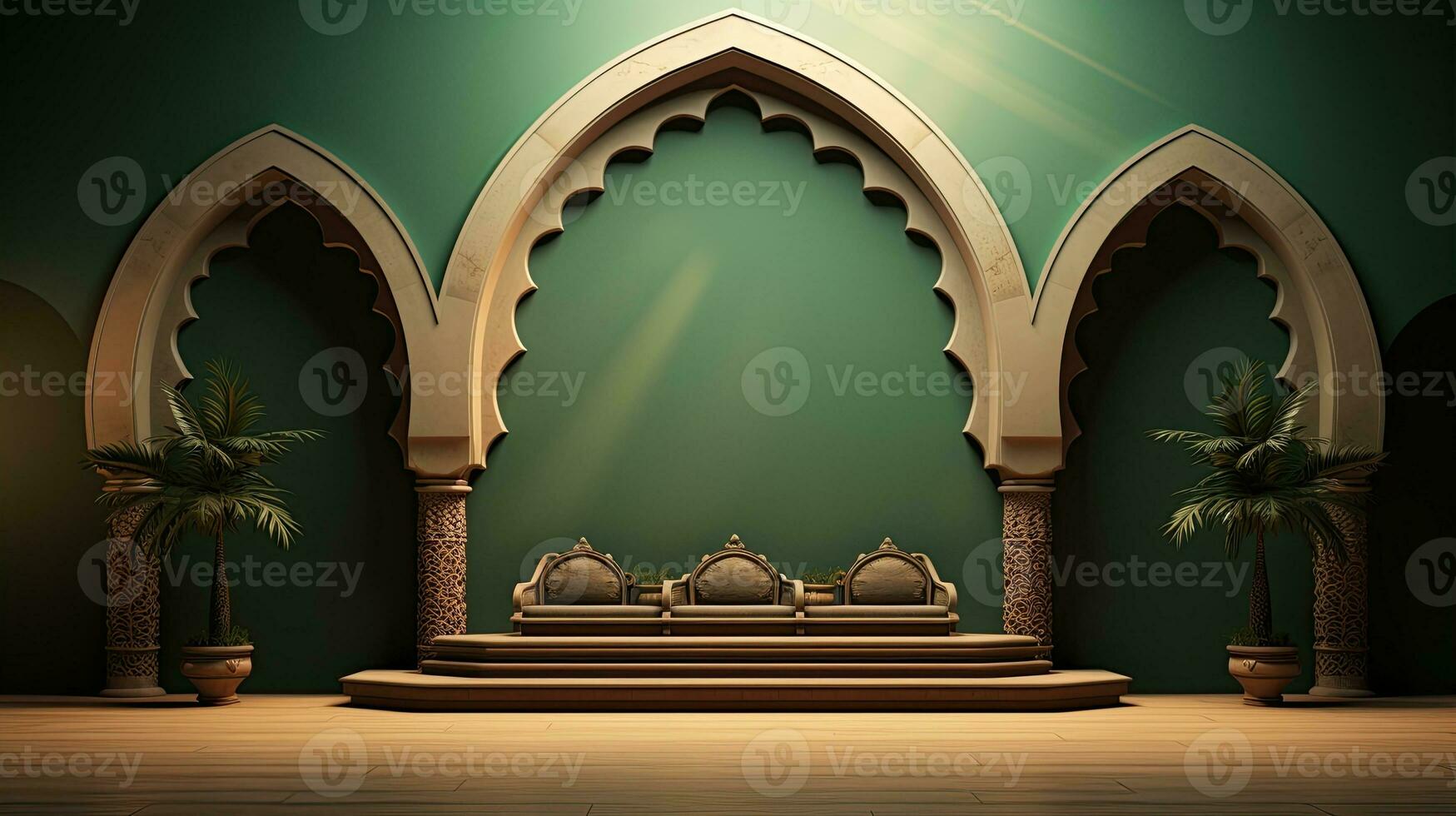 Grün Podium mit Beige Elemente im Arabisch minimalistisch Stil. Podium im das Stil von Ramadan, eid mubarak.ai generiert foto