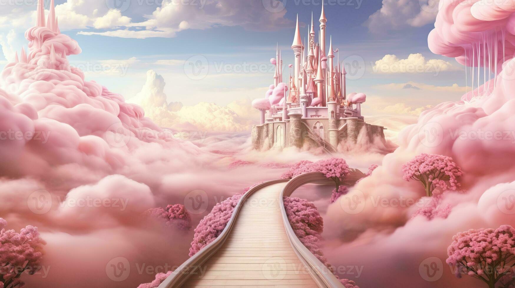 ein fabelhaft Rosa Schloss mit ein Pfad von üppig Blumen und Baumwolle Süßigkeiten Wolken foto