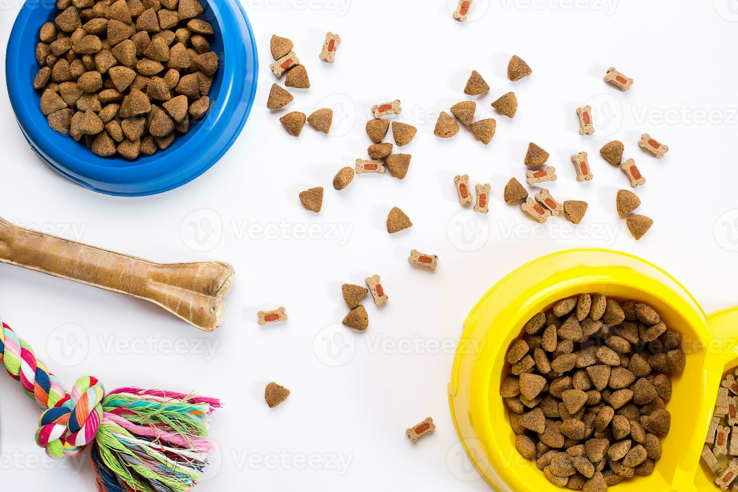 trocken Haustier Essen im Schüssel und Spielzeuge zum Hunde auf Weiß Hintergrund oben Aussicht foto