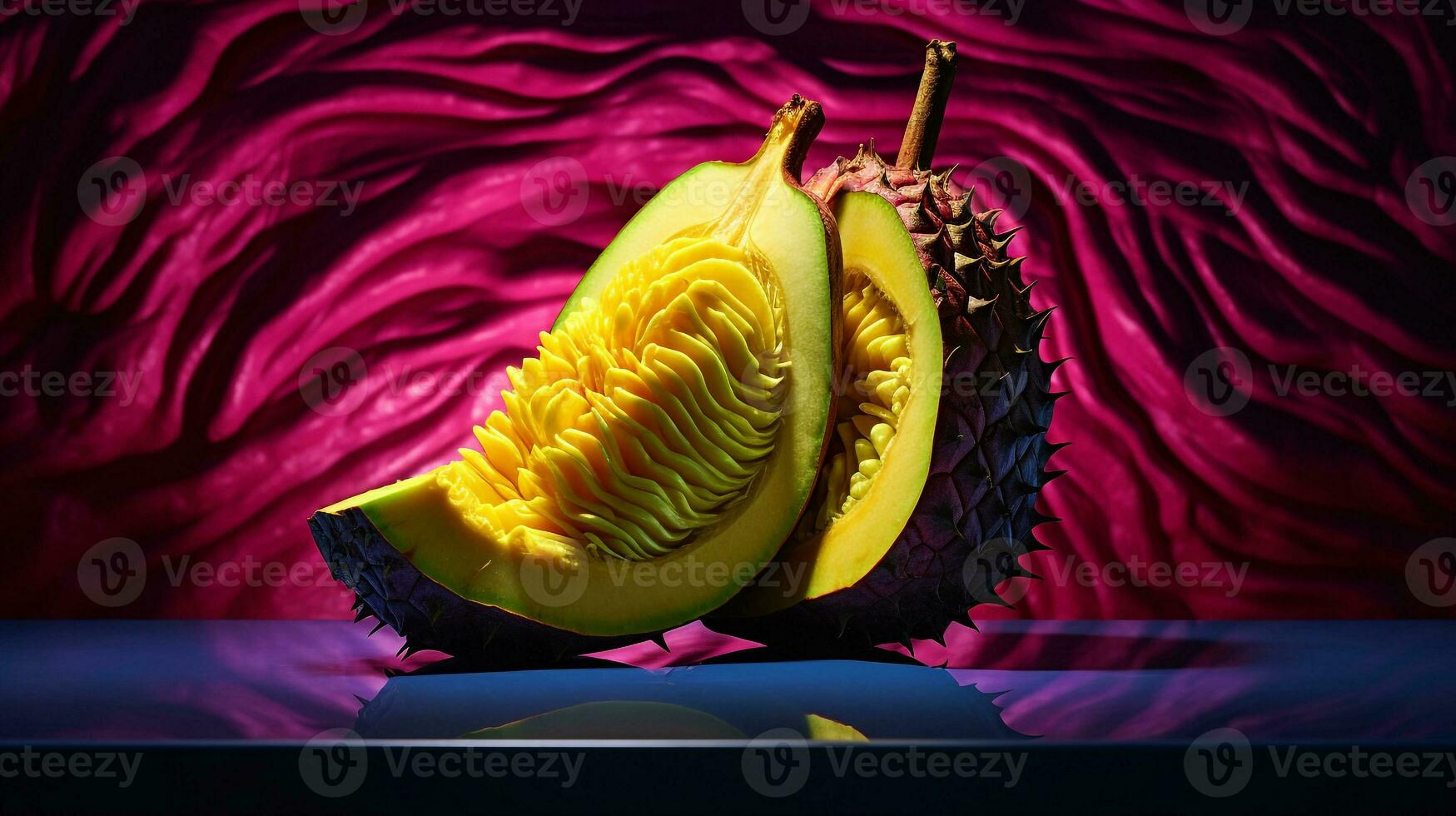 Foto von Weiß Mango Jack Obst Hälfte gegen ein bunt abstrakt Hintergrund. generativ ai