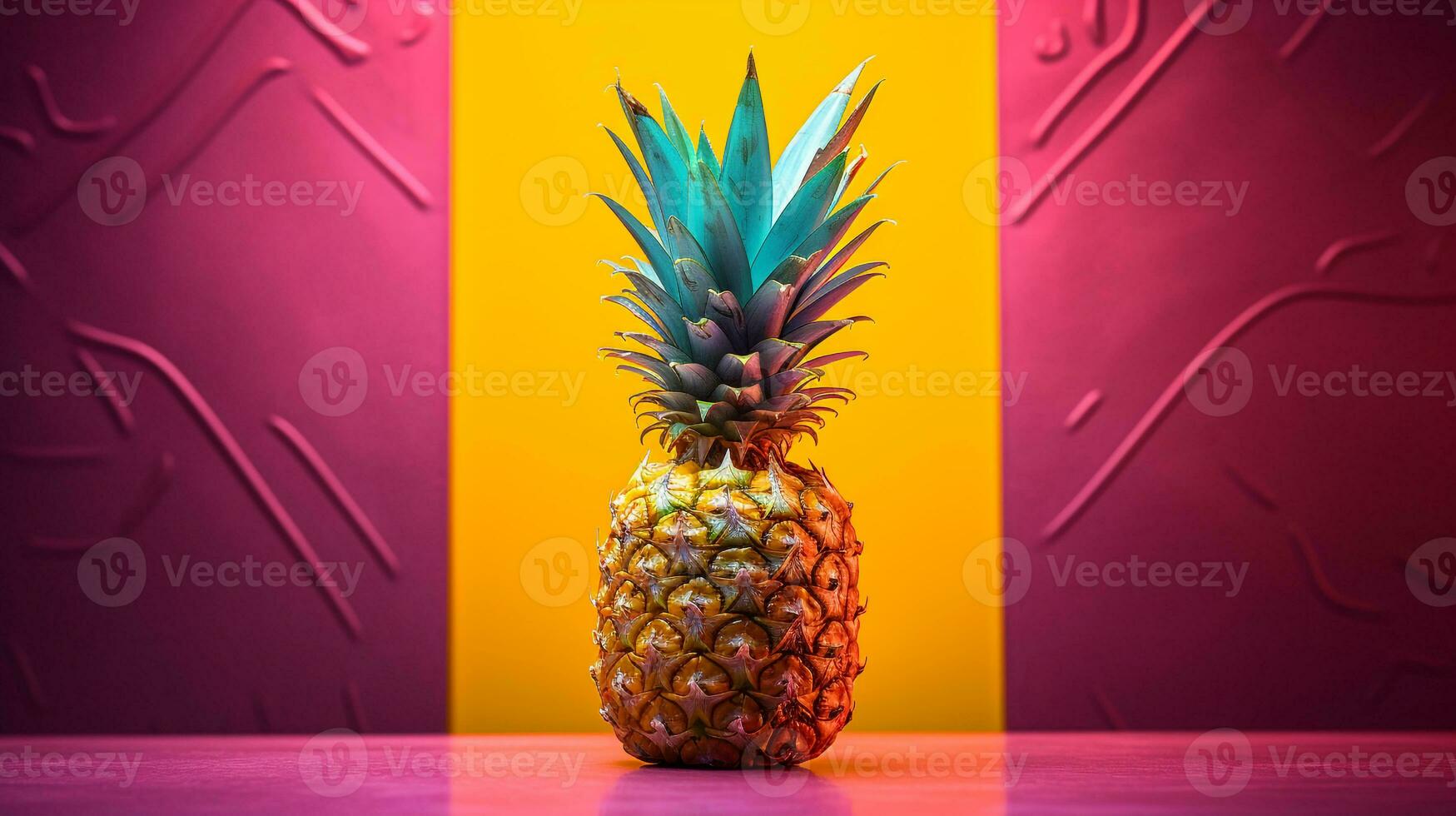 Foto von Ananas Obst Hälfte gegen ein bunt abstrakt Hintergrund. generativ ai