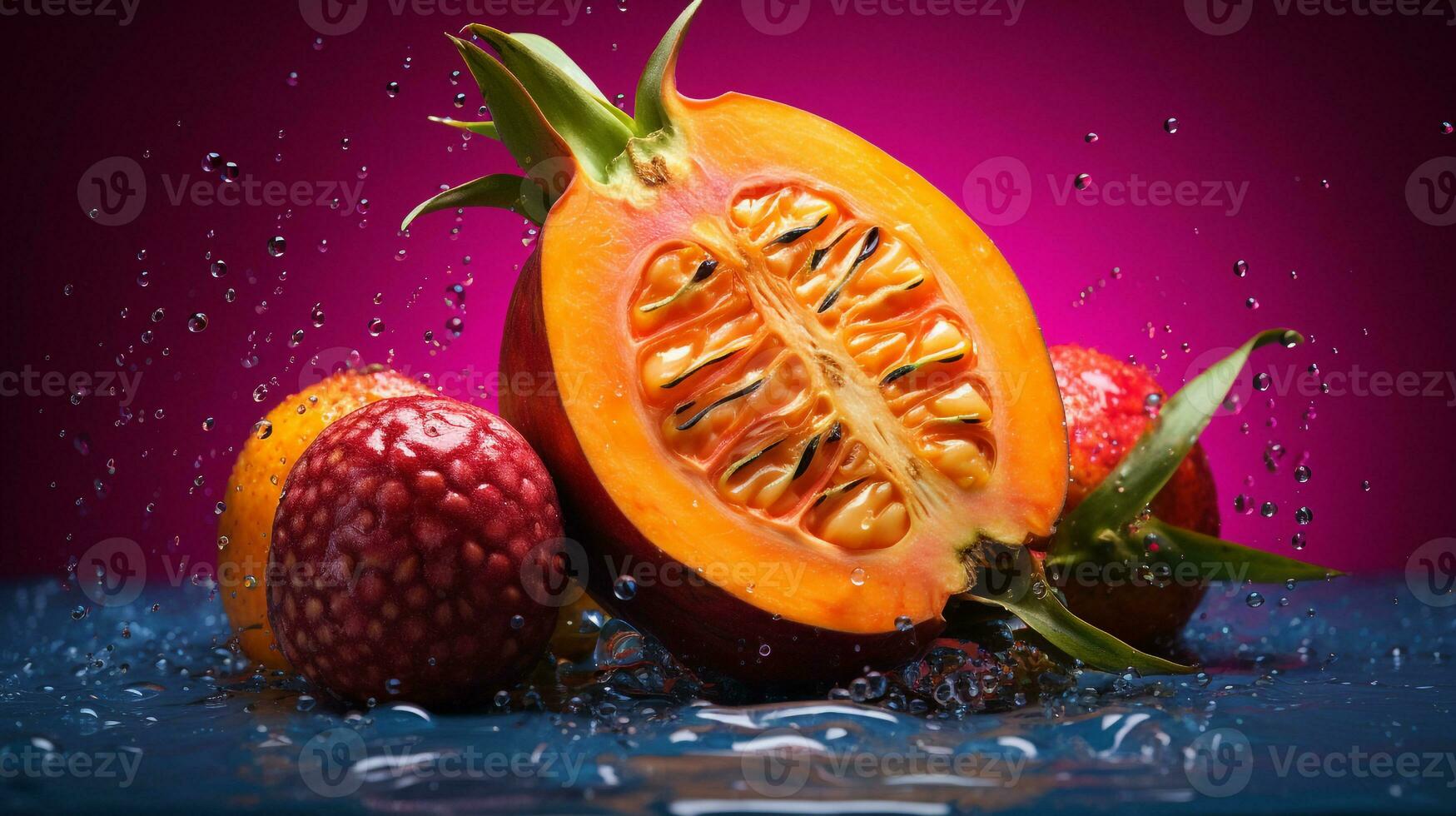 Foto von nam Nama Obst Hälfte gegen ein bunt abstrakt Hintergrund. generativ ai