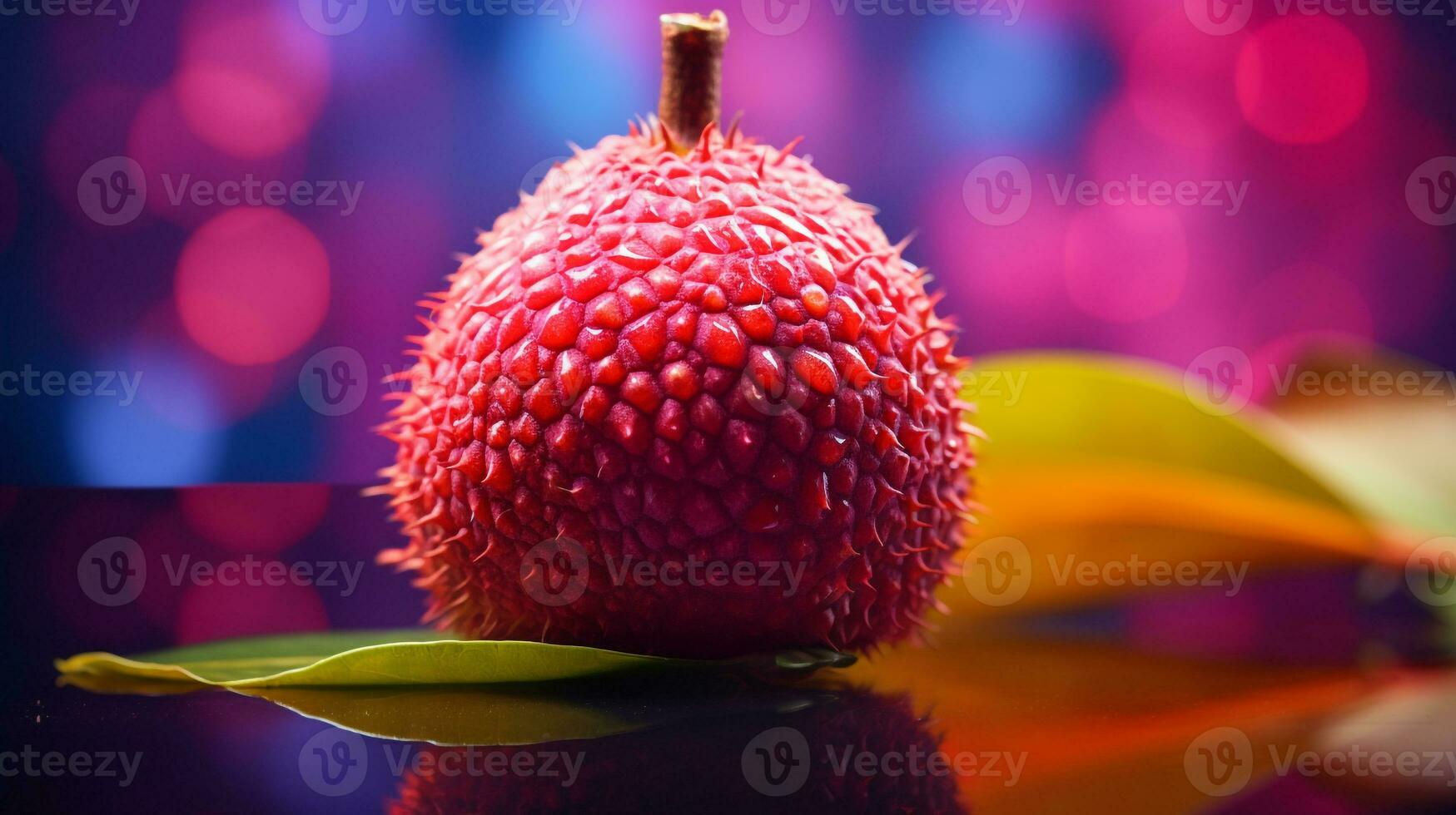 Foto von Litschi Obst Hälfte gegen ein bunt abstrakt Hintergrund. generativ ai