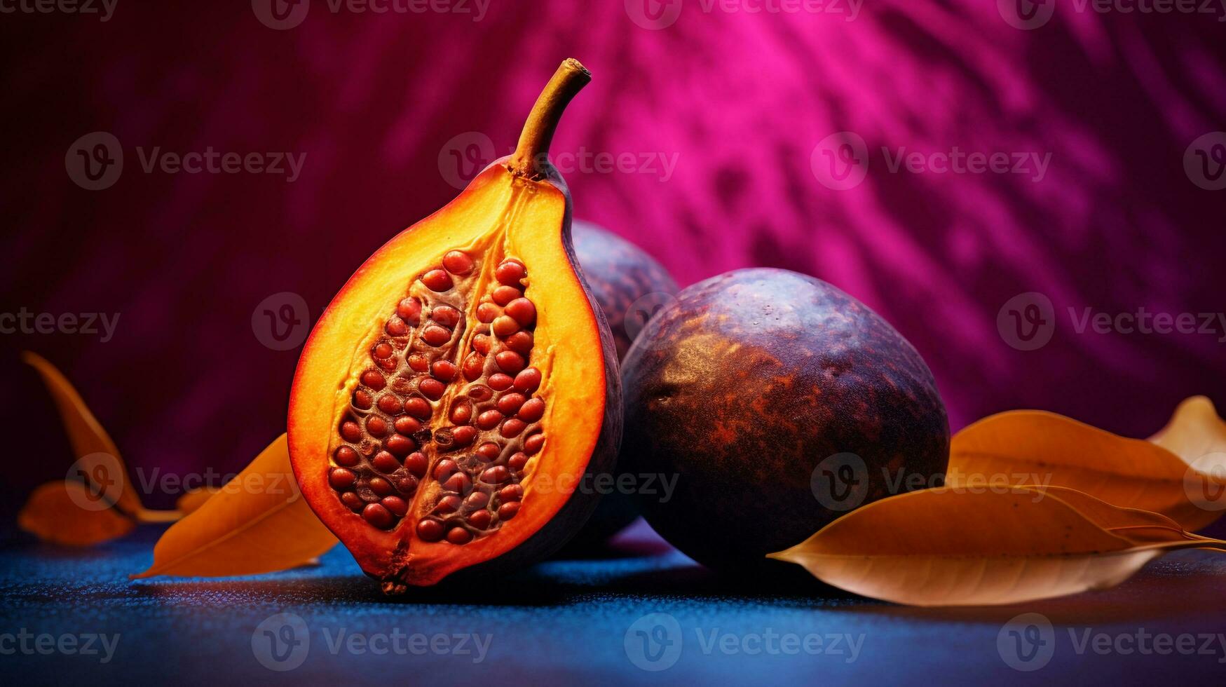 Foto von cempedak Obst Hälfte gegen ein bunt abstrakt Hintergrund. generativ ai