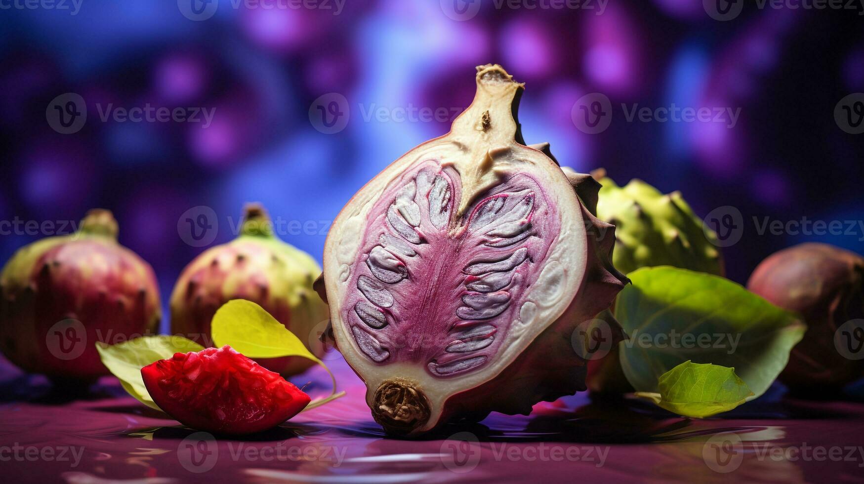 Foto von Cherimoya Obst Hälfte gegen ein bunt abstrakt Hintergrund. generativ ai