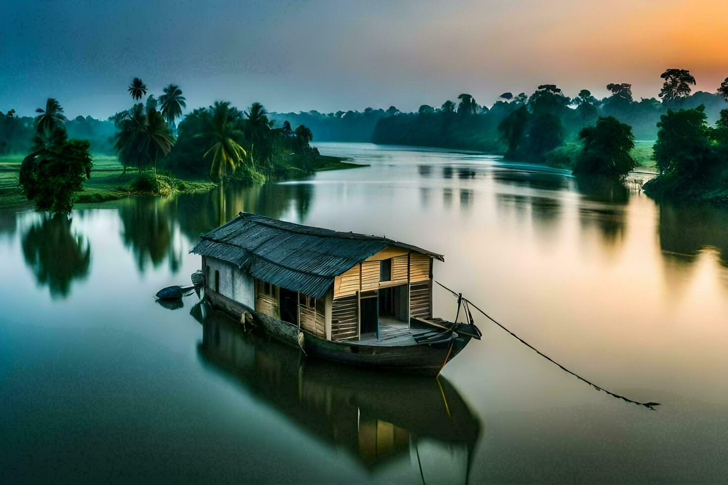 ein Hausboot auf das Fluss beim Sonnenaufgang. KI-generiert foto