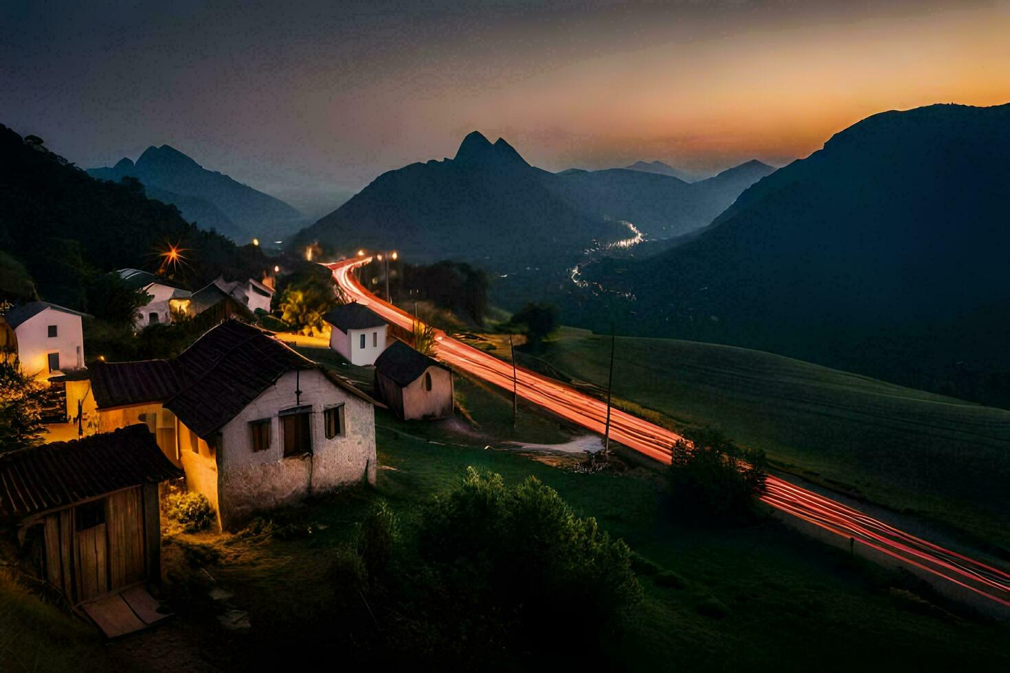 ein Dorf beim Dämmerung mit ein Straße führen zu Es. KI-generiert foto