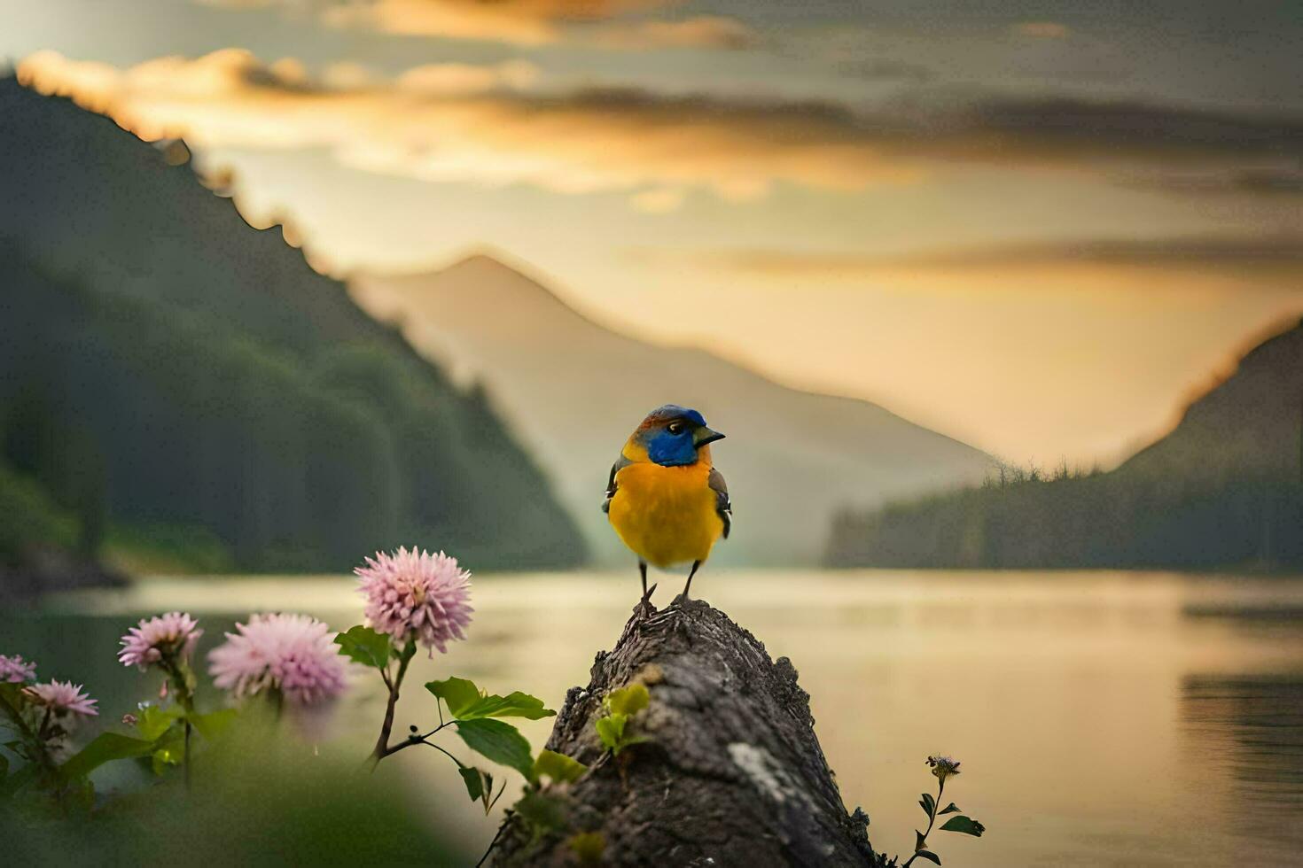 ein Vogel sitzt auf ein Log im Vorderseite von ein See. KI-generiert foto