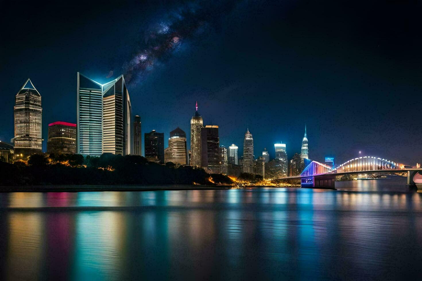 das Stadt Horizont beim Nacht mit das milchig Weg im das Hintergrund. KI-generiert foto