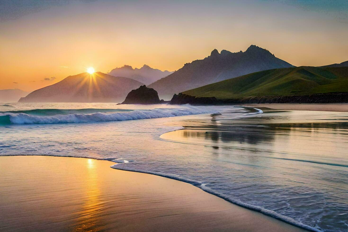 das Sonne steigt an Über das Berge im Island. KI-generiert foto