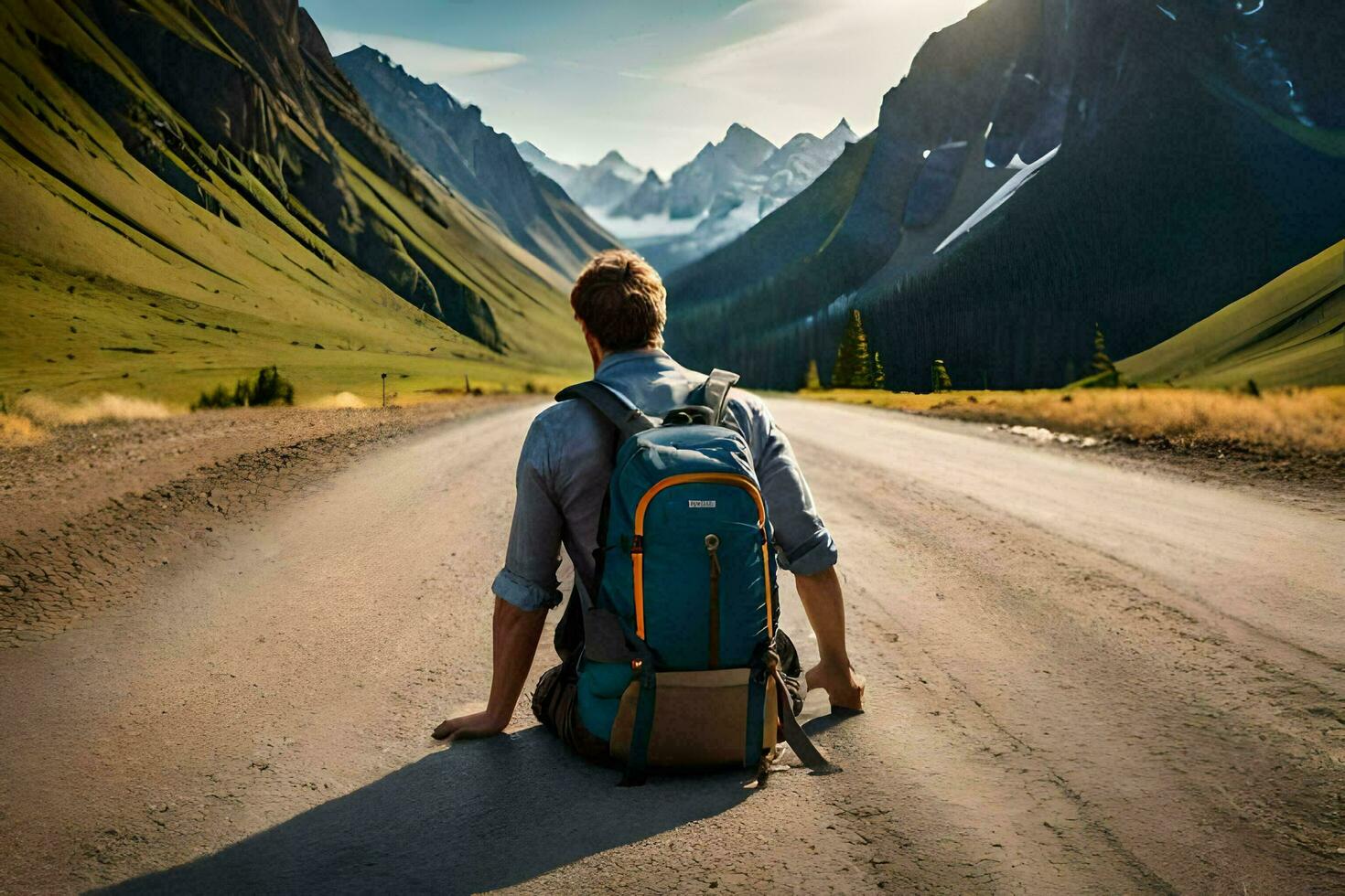 ein Mann Sitzung auf das Seite von ein Straße mit ein Rucksack. KI-generiert foto