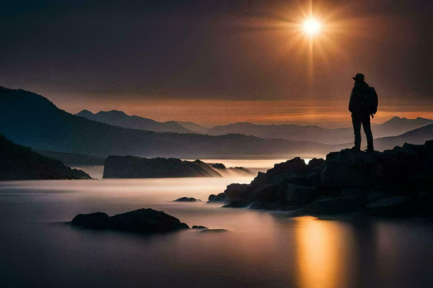 ein Mann steht auf Felsen mit Blick auf ein See beim Sonnenuntergang. KI-generiert foto