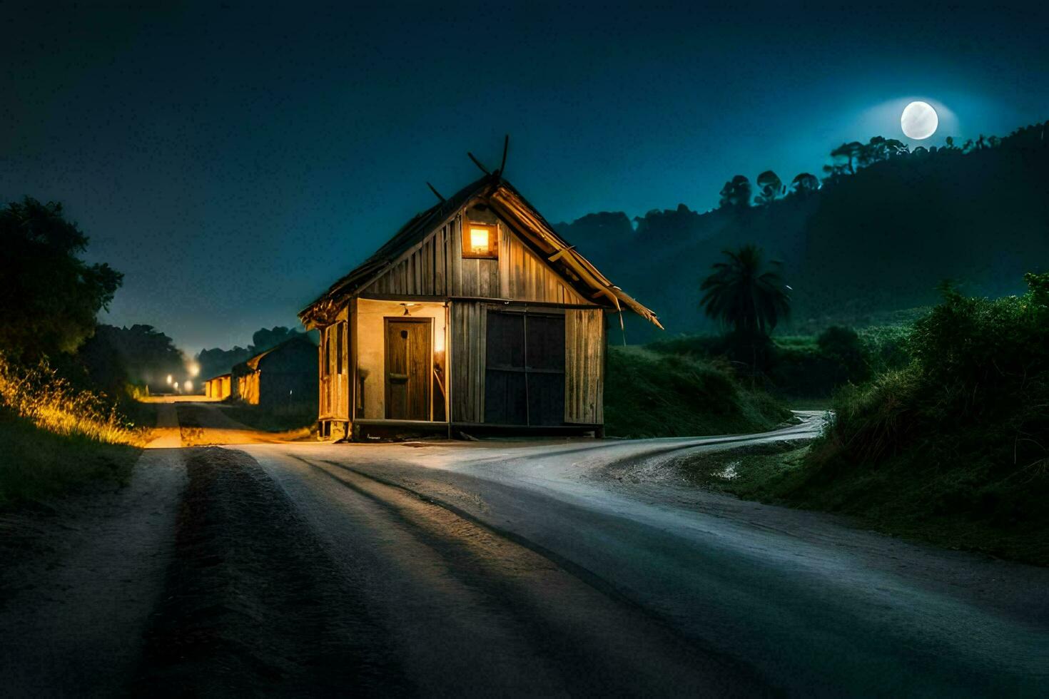 ein klein Haus sitzt auf das Seite von ein Straße beim Nacht. KI-generiert foto