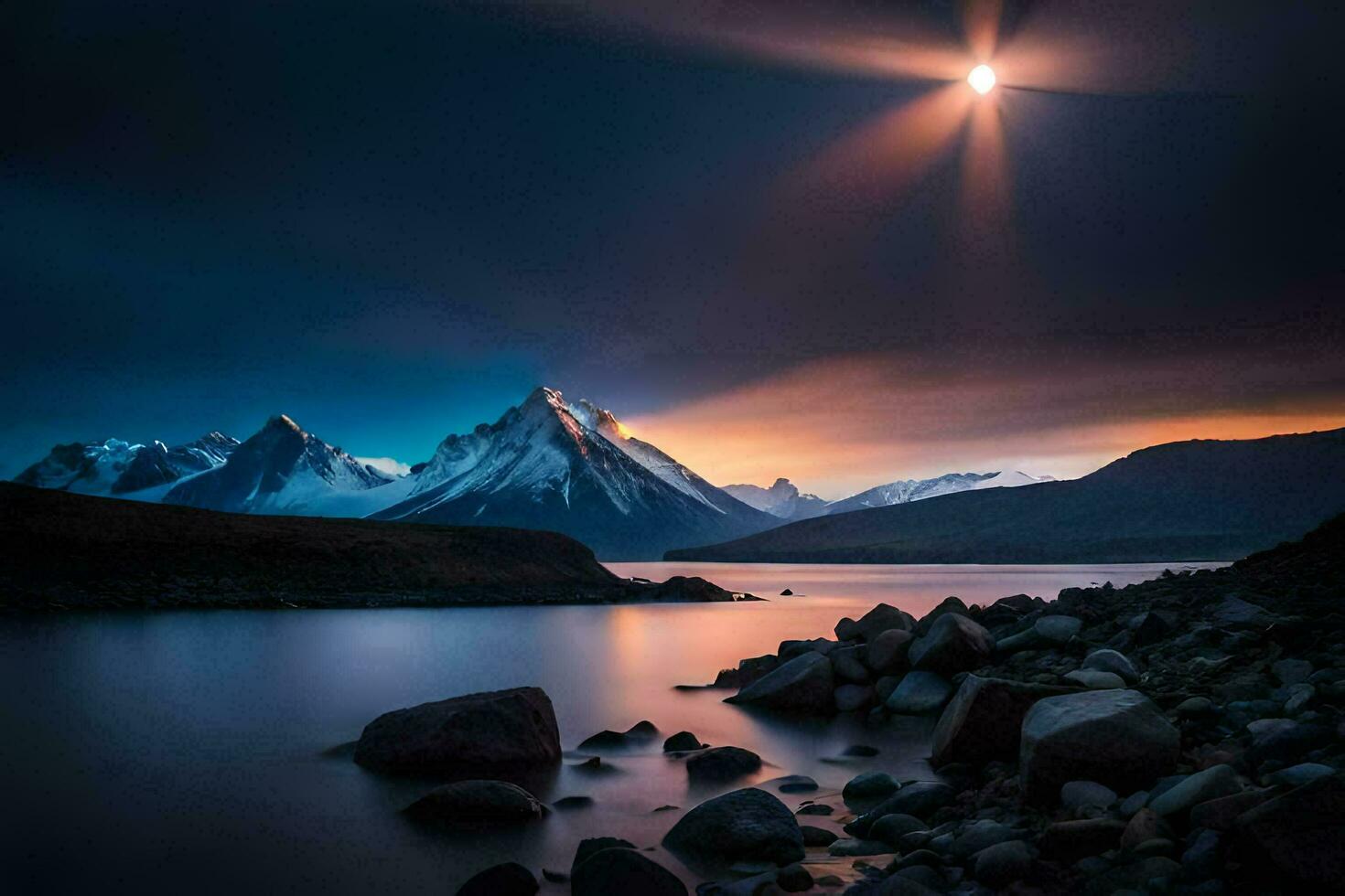 das Mond scheint Über ein Berg Angebot und Wasser. KI-generiert foto