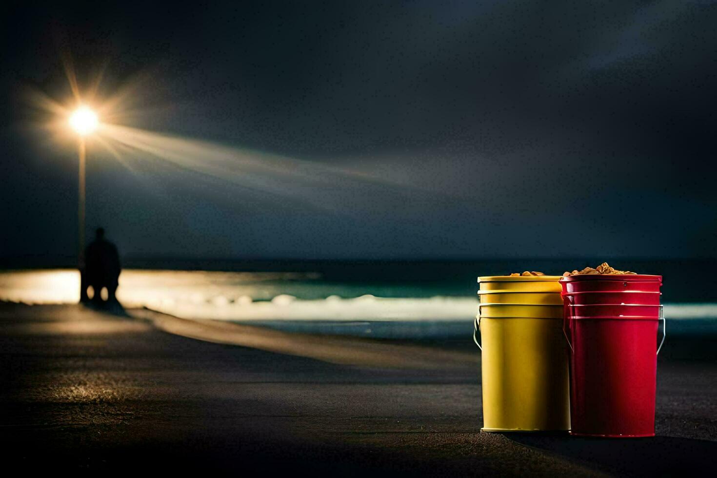 zwei Eimer sitzen auf das Strand beim Nacht. KI-generiert foto