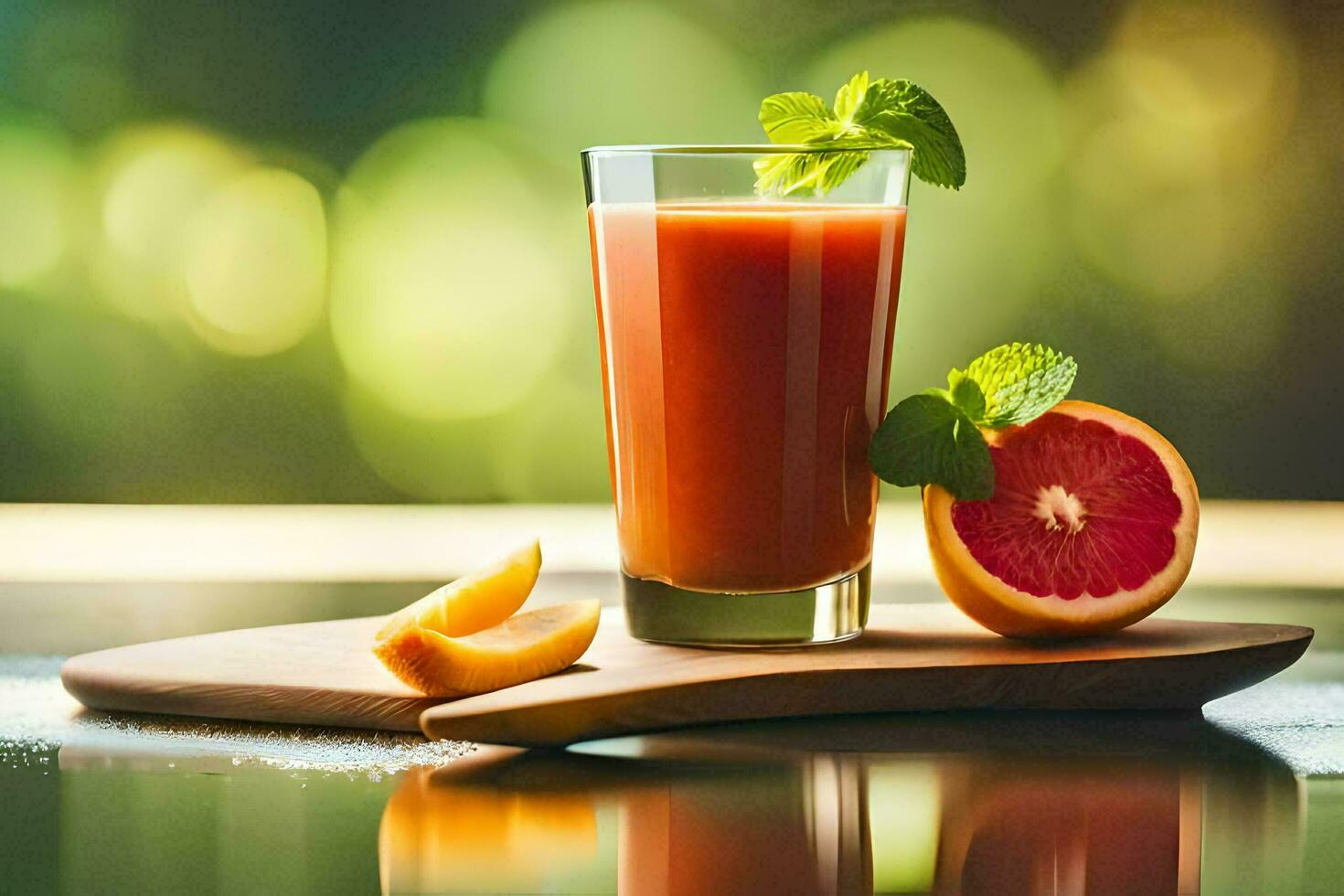 ein Glas von Saft mit ein Grapefruit auf ein Schneiden Tafel. KI-generiert foto