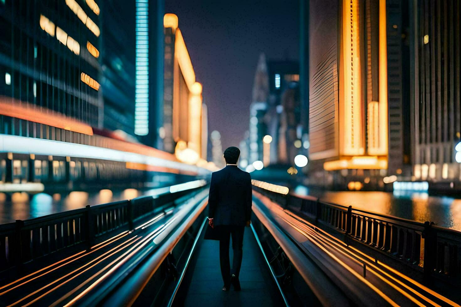 ein Mann Gehen Nieder ein Stadt Straße beim Nacht. KI-generiert foto