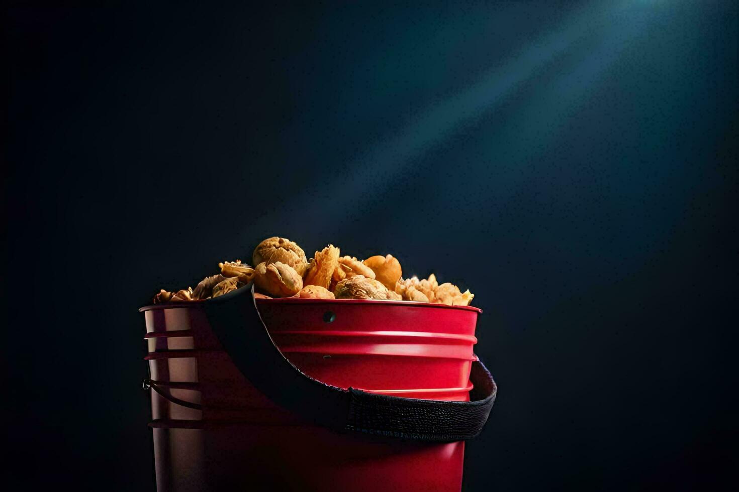 ein Eimer gefüllt mit Popcorn auf ein dunkel Hintergrund. KI-generiert foto