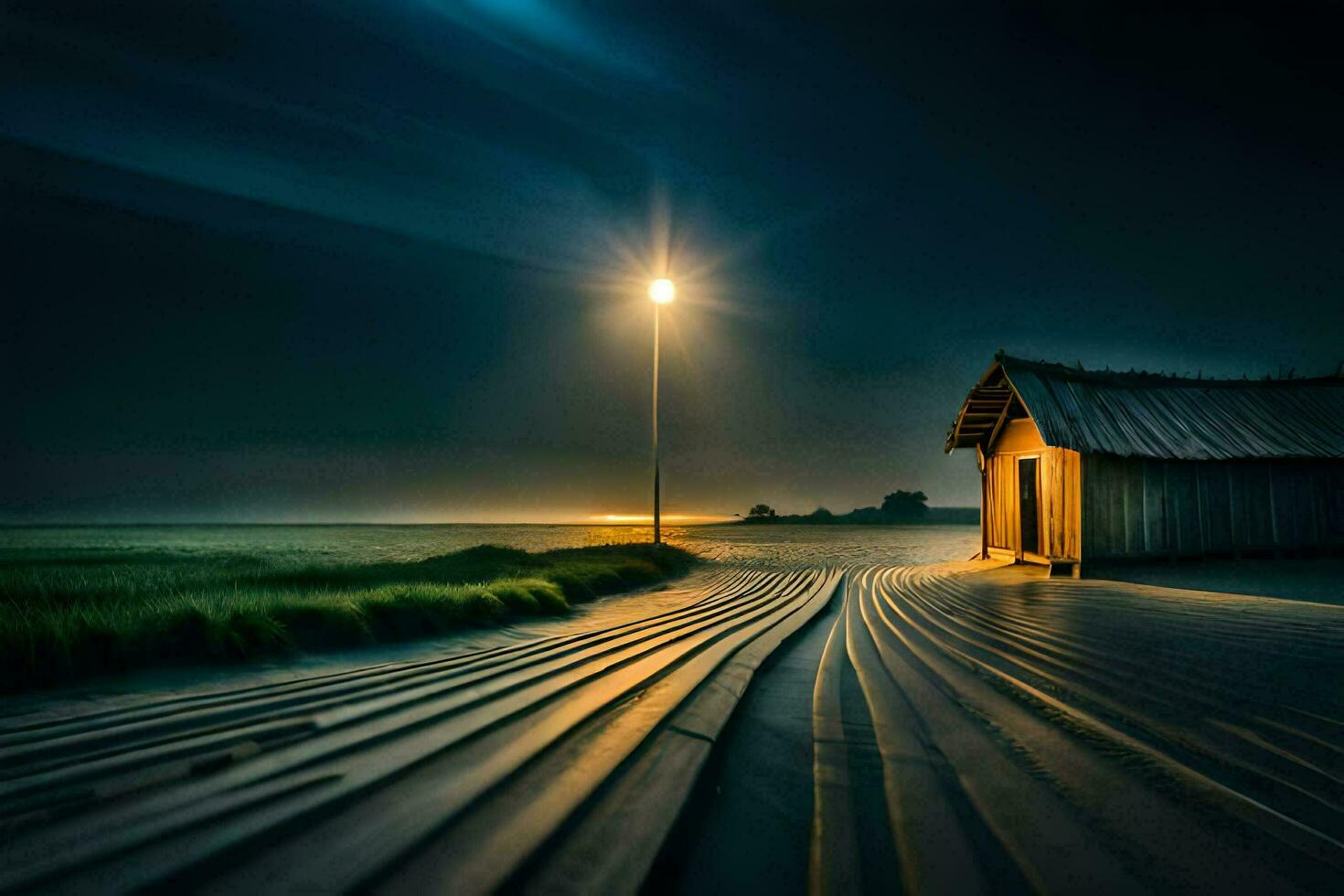 ein lange Exposition Foto von ein Haus auf das Strand beim Nacht. KI-generiert