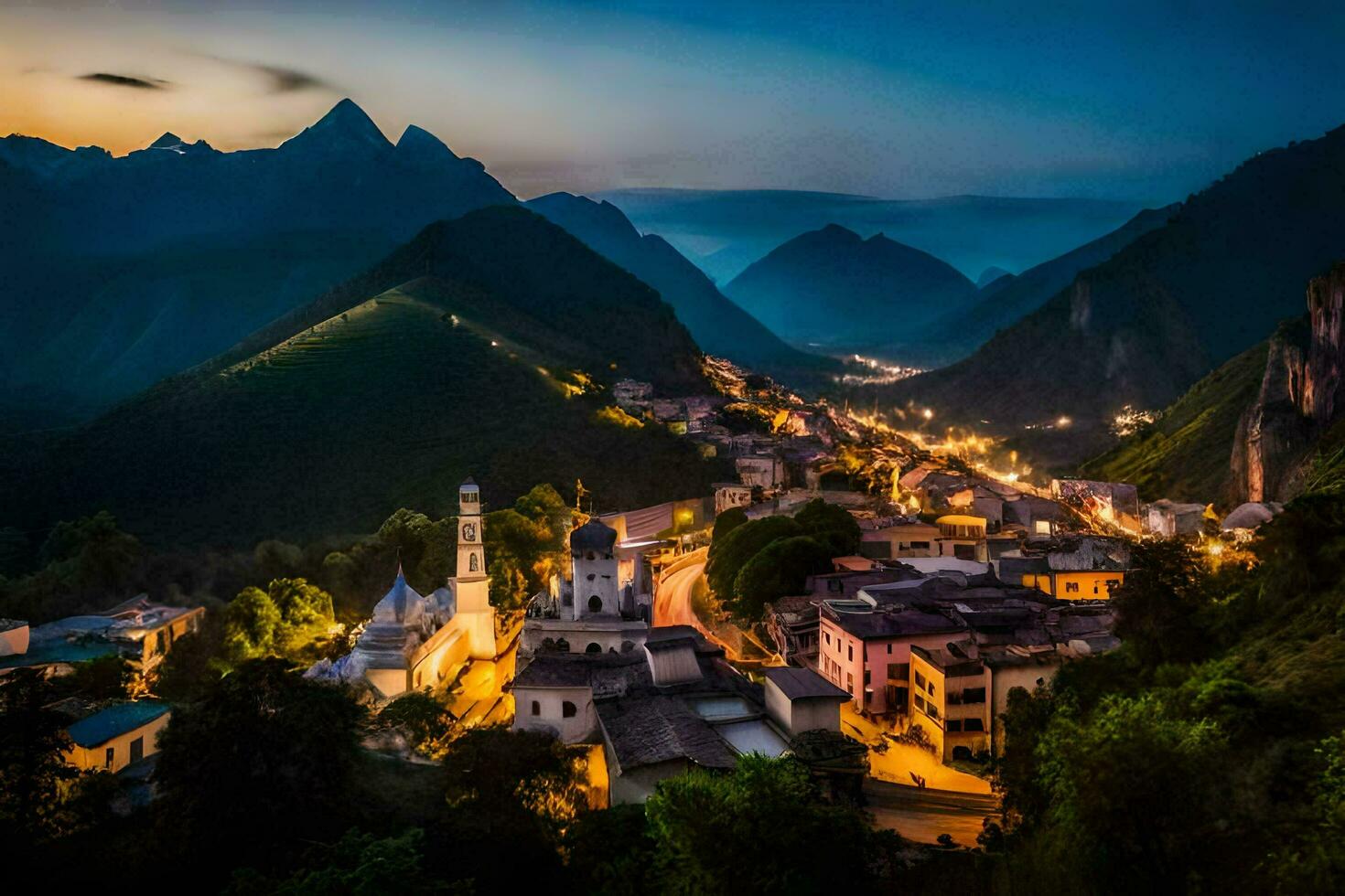 das Dorf von itria, Italien, beim Dämmerung. KI-generiert foto