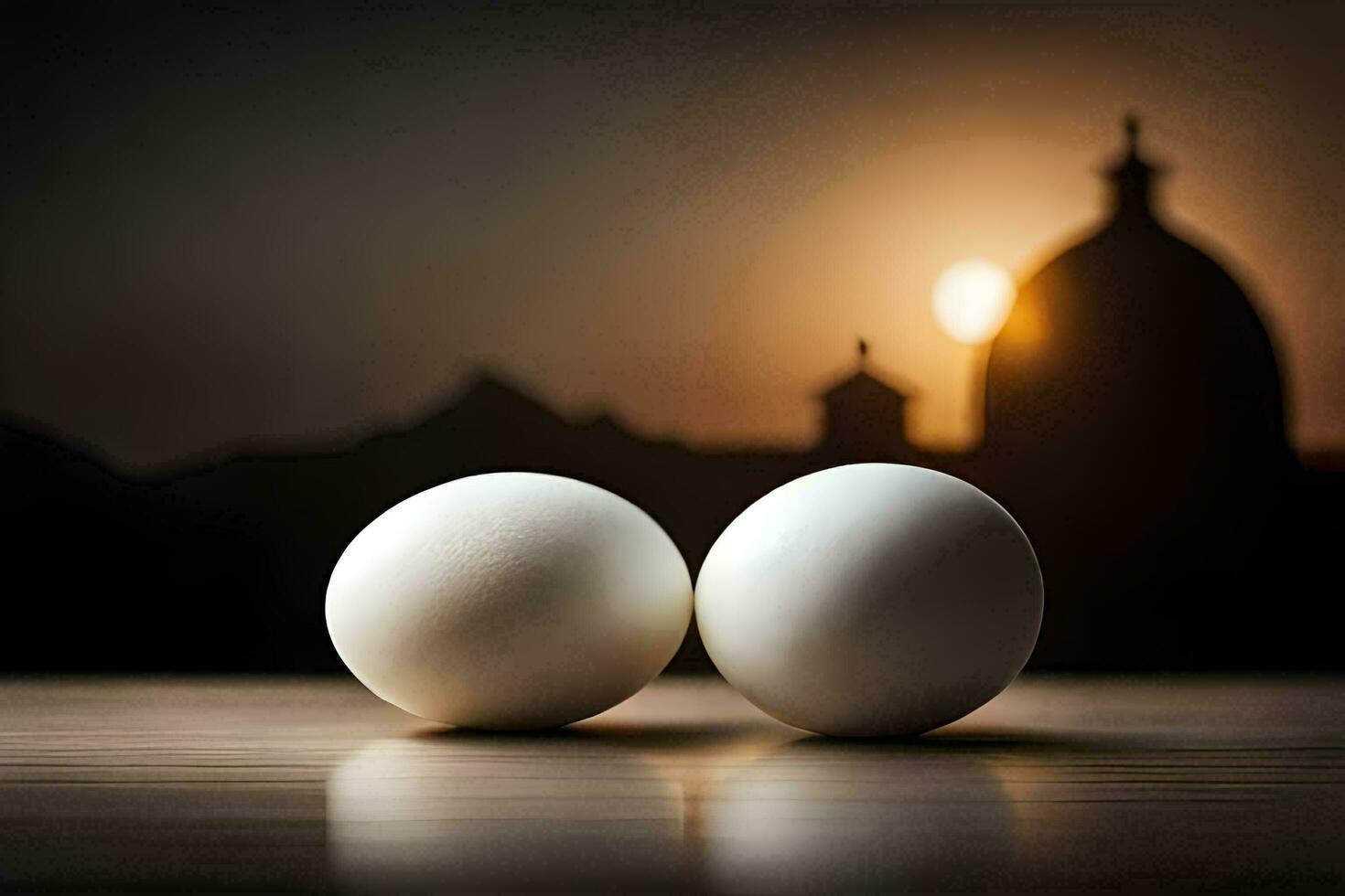 zwei Eier auf ein Tabelle im Vorderseite von ein Kirche. KI-generiert foto
