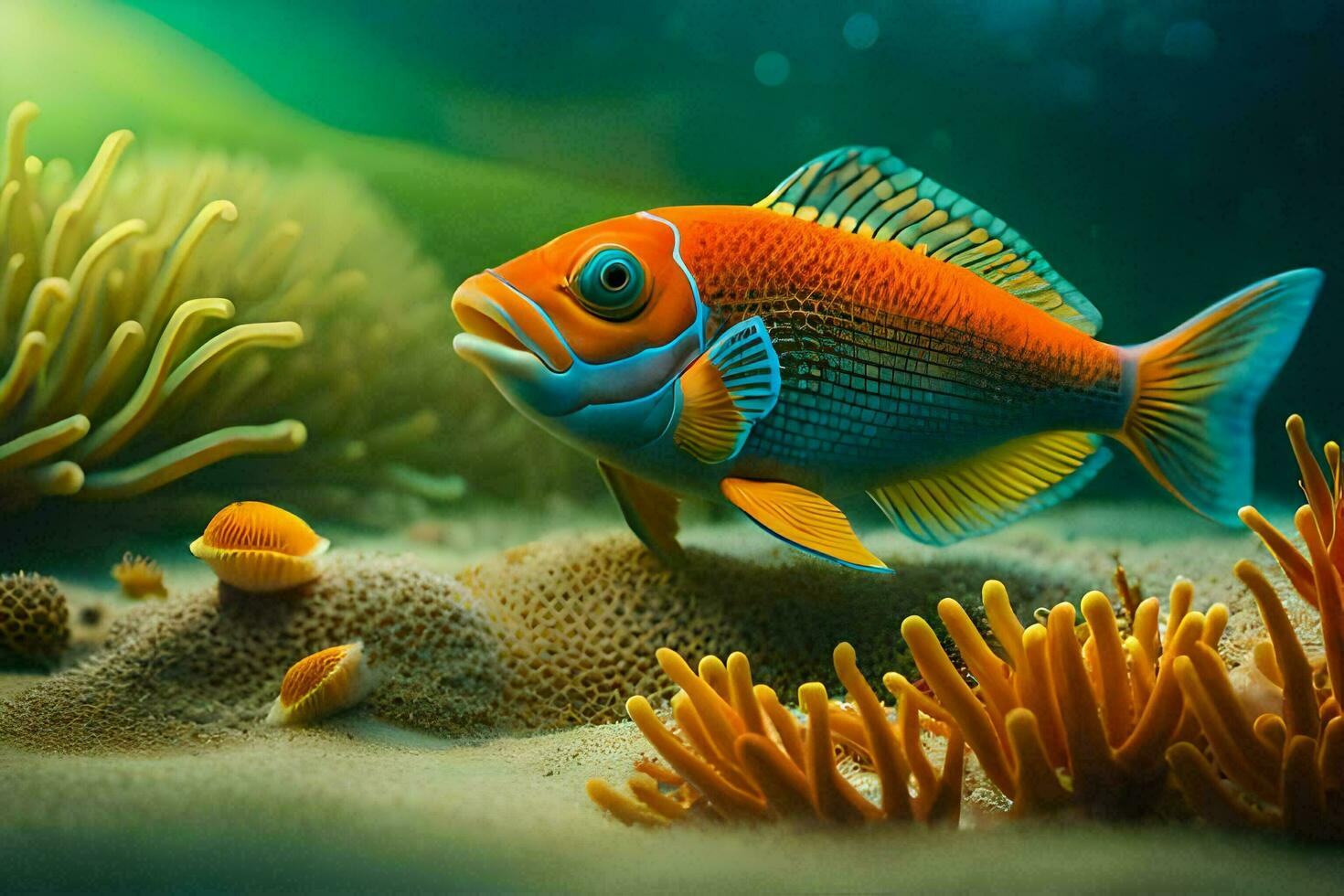 ein Orange Fisch Schwimmen im ein unter Wasser Umfeld. KI-generiert foto