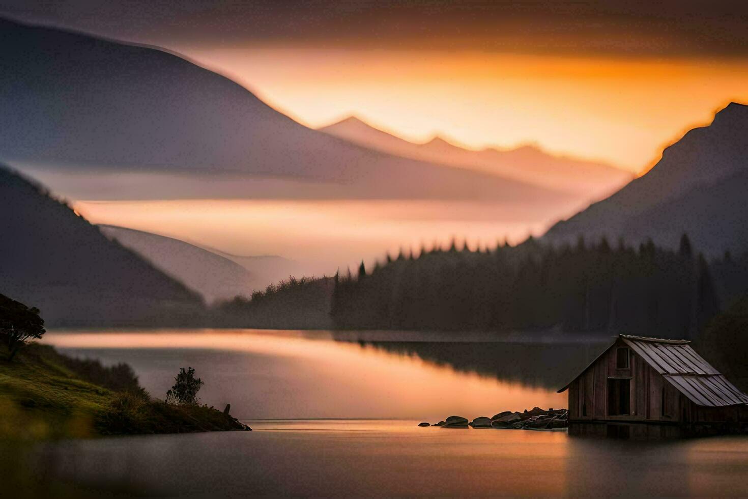 ein klein Kabine sitzt auf das Ufer von ein See beim Sonnenuntergang. KI-generiert foto