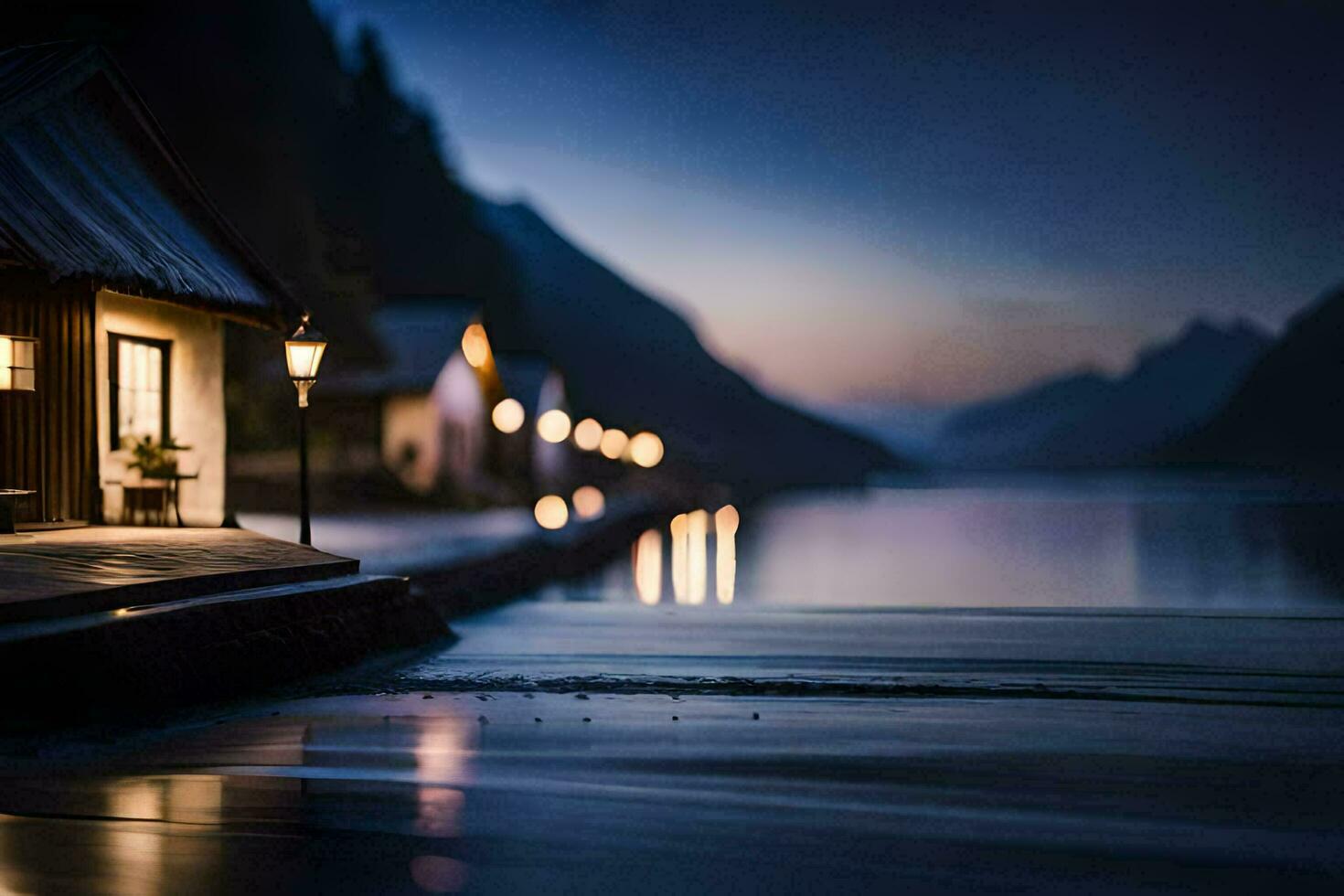 Foto Hintergrund das Nacht, See, Haus, Beleuchtung, das Nacht, das See, das Haus. KI-generiert