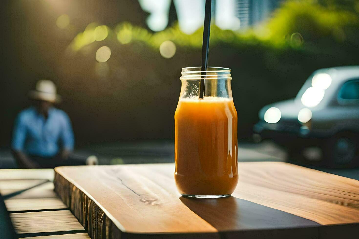 ein Glas von Orange Saft Sitzung auf ein Tisch. KI-generiert foto