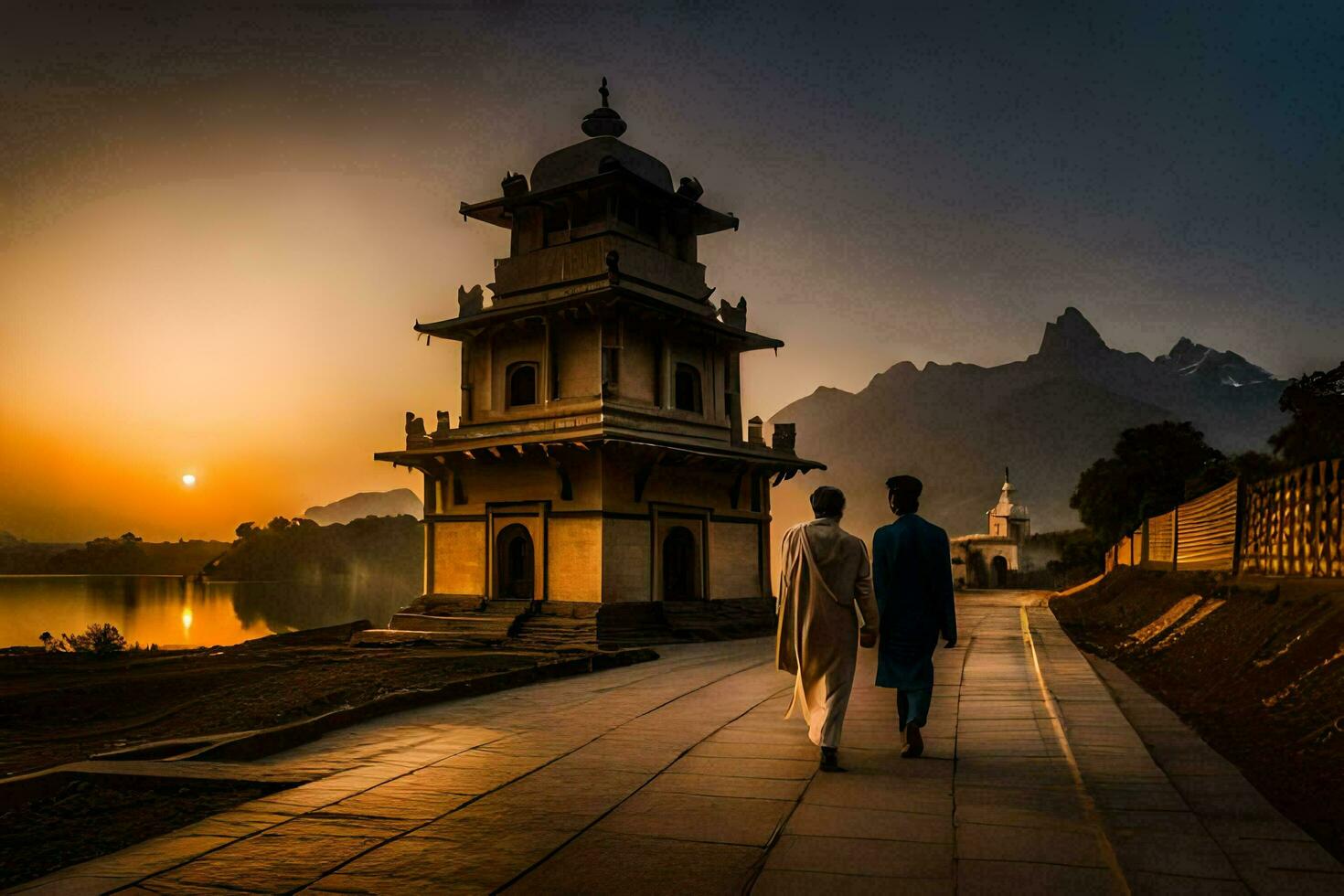 zwei Menschen Gehen gegenüber ein Tempel beim Sonnenuntergang. KI-generiert foto