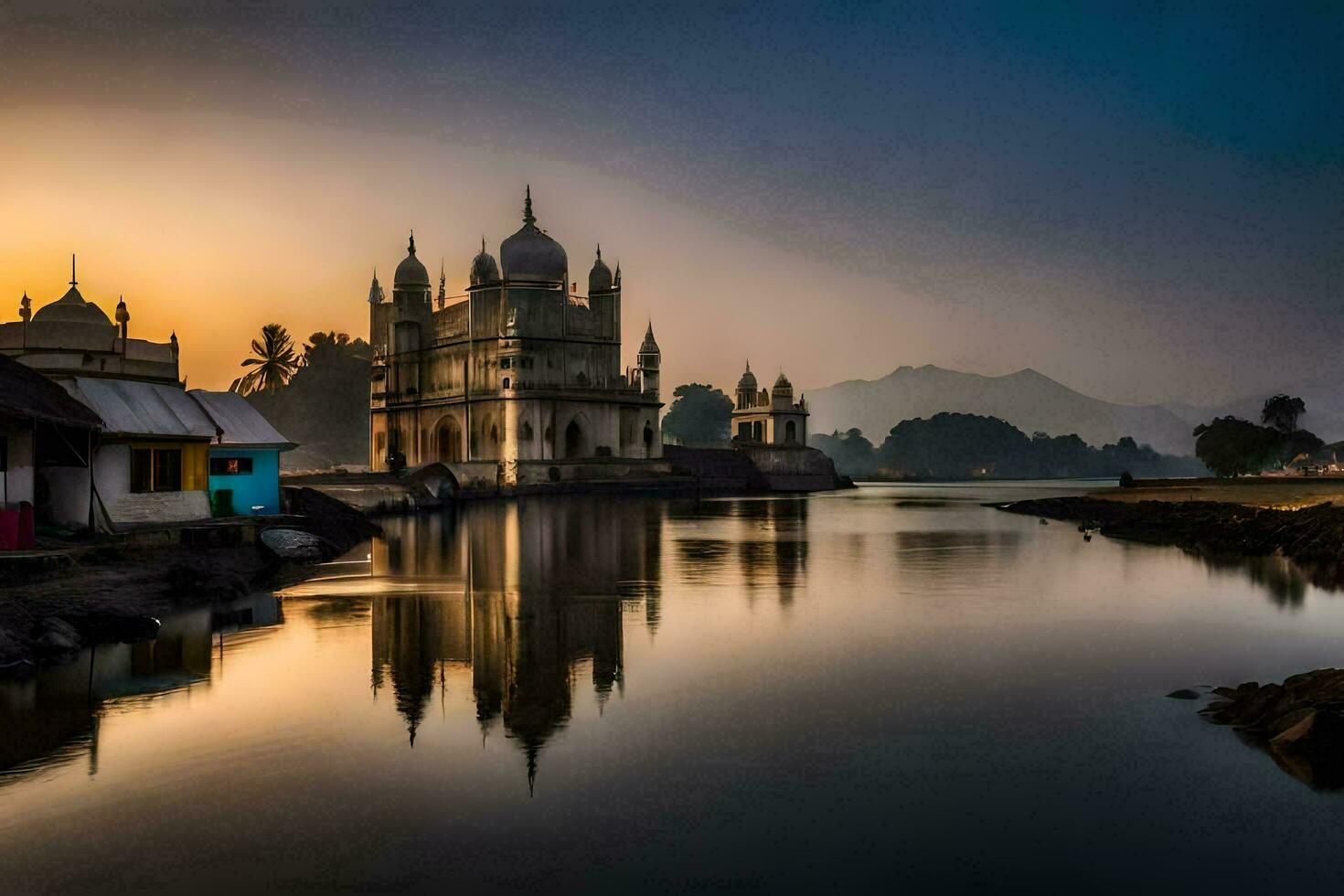 das Sonne setzt Über ein See und ein Moschee. KI-generiert foto
