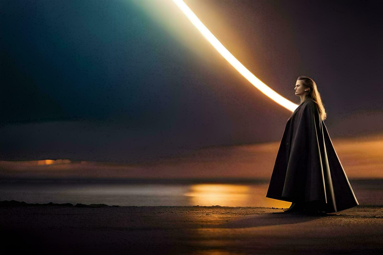 ein Frau im ein Mantel steht auf das Strand beim Nacht. KI-generiert foto