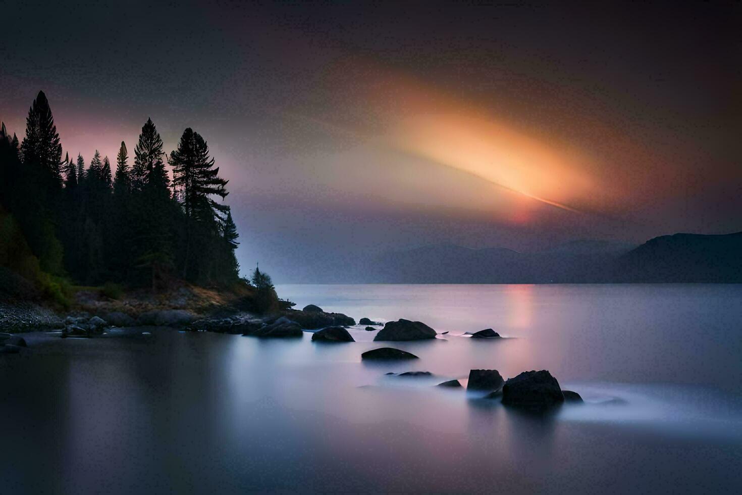 ein schön Sonnenuntergang Über ein See mit Bäume und Felsen. KI-generiert foto