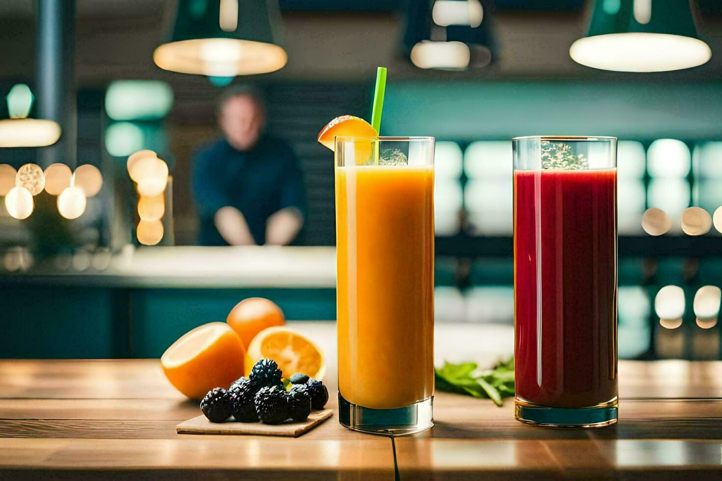 zwei Brille von Saft auf ein hölzern Tisch. KI-generiert foto