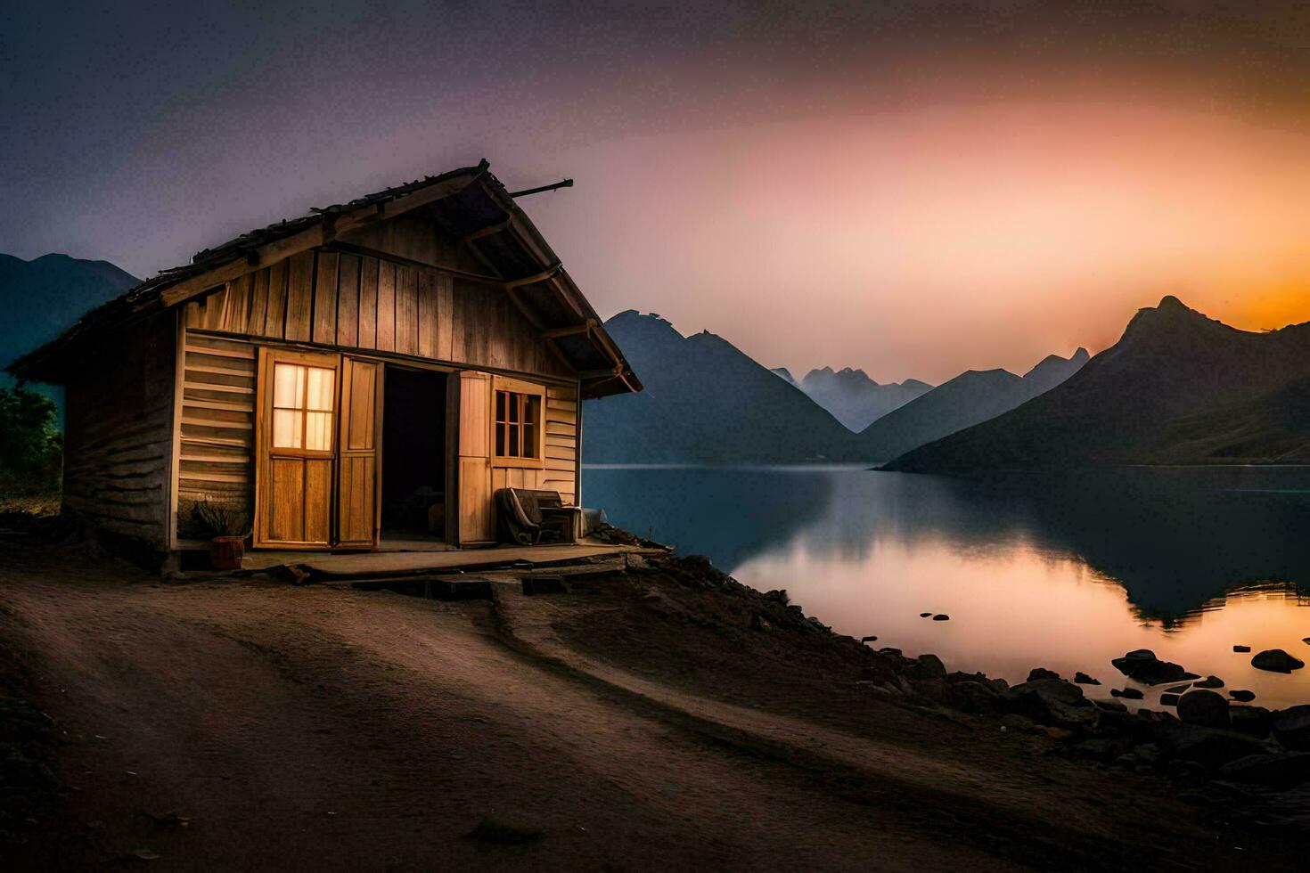 ein klein Kabine sitzt auf das Ufer von ein See beim Sonnenuntergang. KI-generiert foto