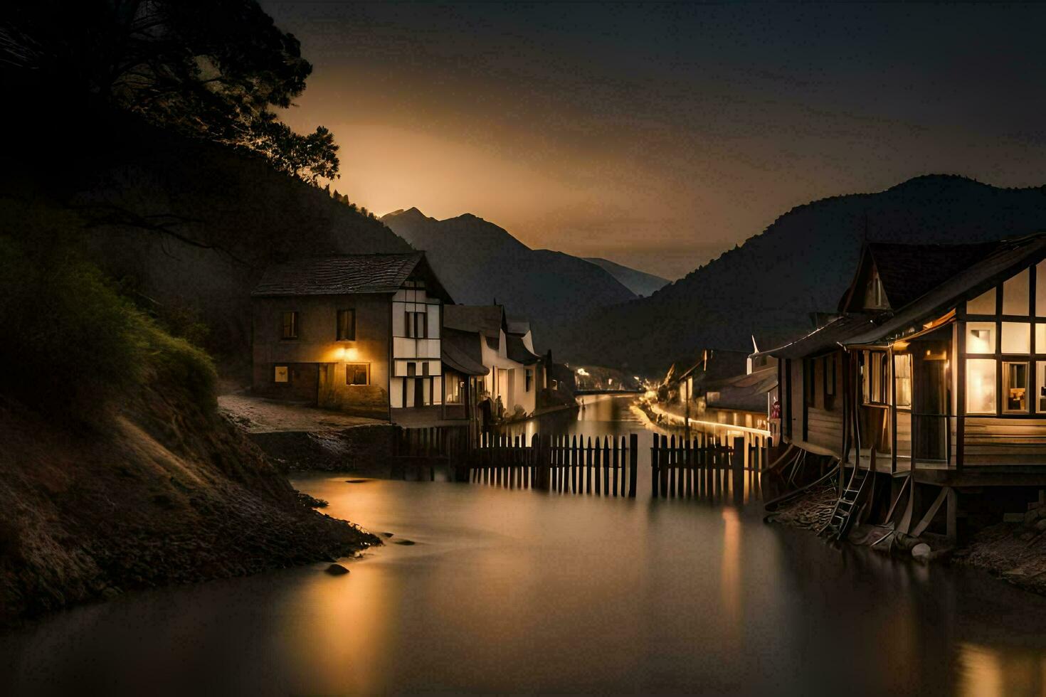 ein Fluss läuft durch ein Stadt, Dorf beim Nacht. KI-generiert foto