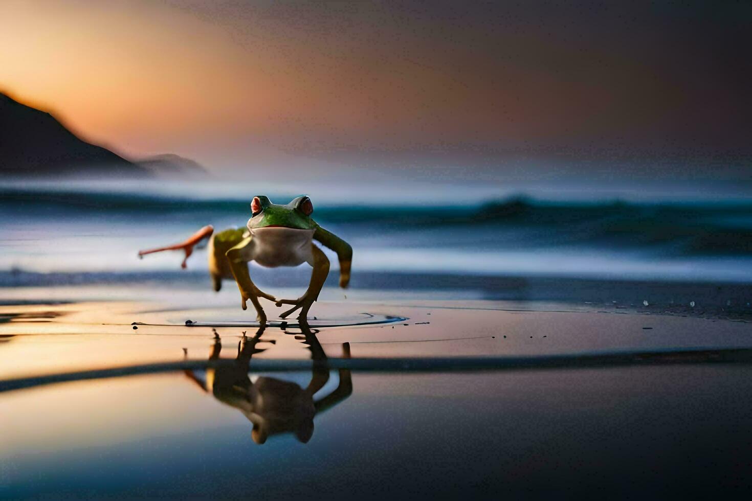 ein Frosch auf das Strand beim Sonnenuntergang. KI-generiert foto