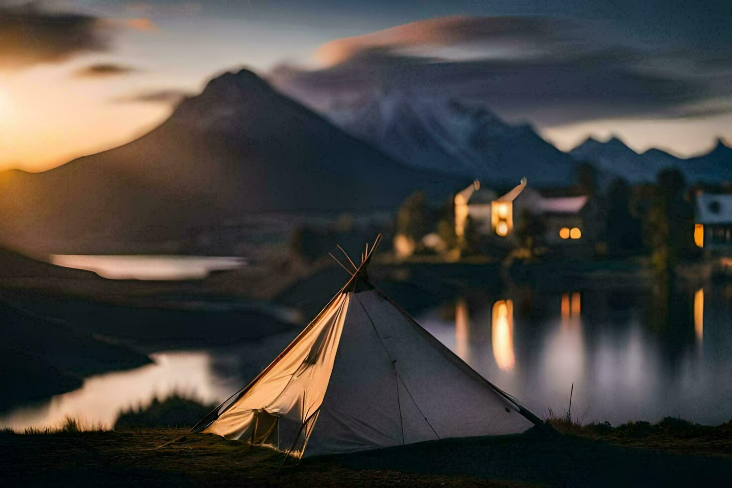 das Sonnenuntergang Über das See und Berge. KI-generiert foto