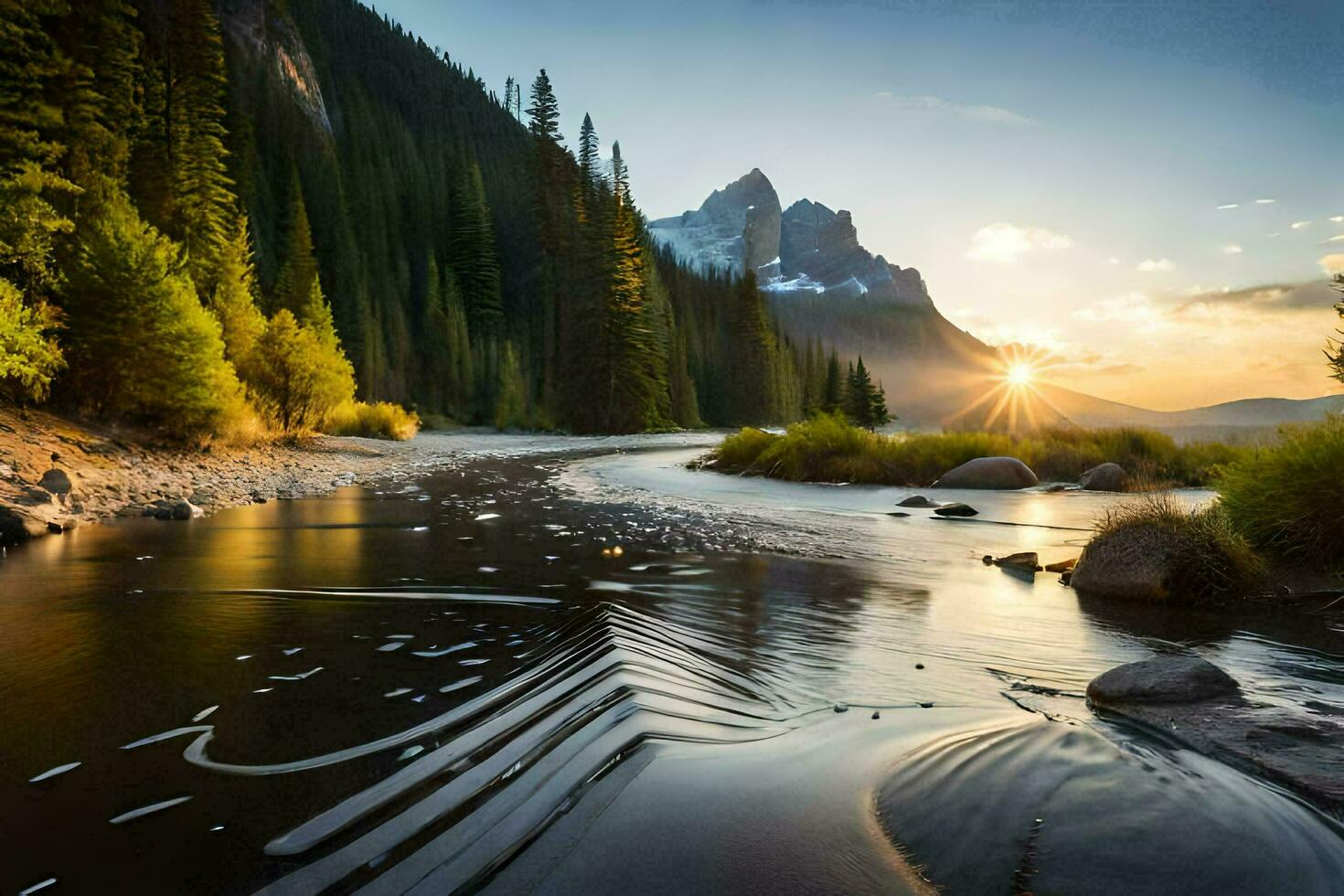 das Sonne steigt an Über ein Berg Strom im das felsig Berge. KI-generiert foto