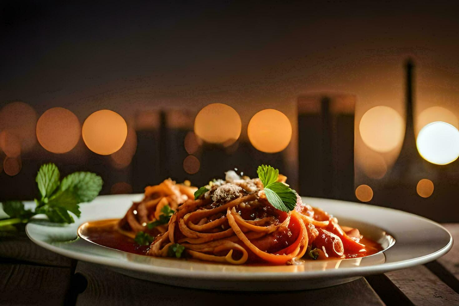 ein Teller von Spaghetti mit Tomate Soße und Parmesan Käse auf ein hölzern Tisch. KI-generiert foto