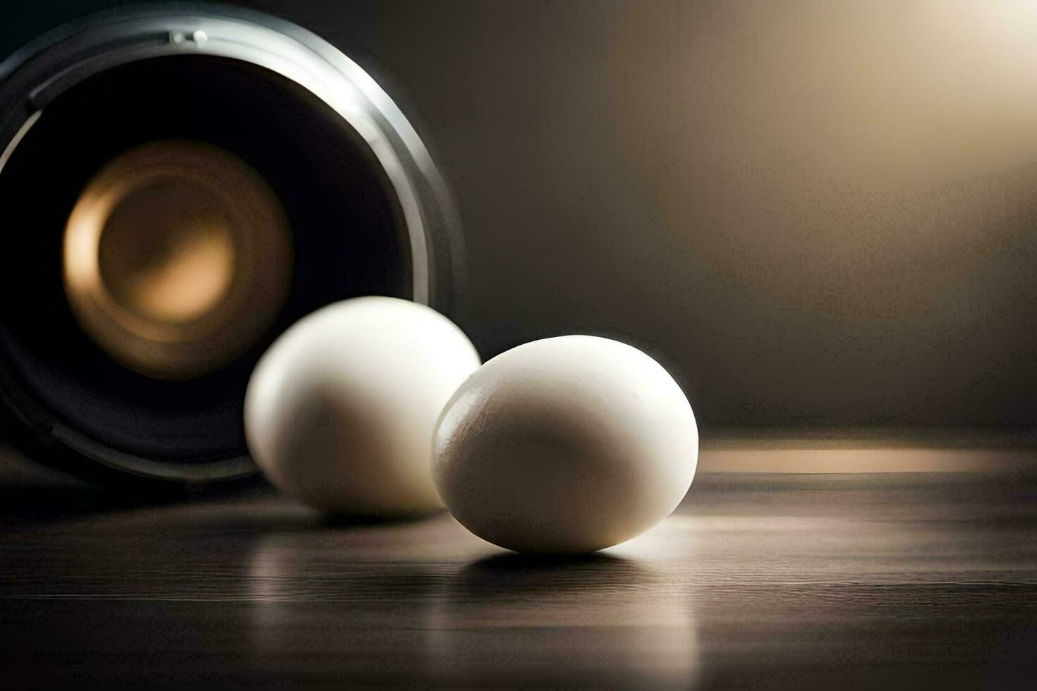zwei Eier sitzen auf ein Tabelle Nächster zu ein Kamera. KI-generiert foto