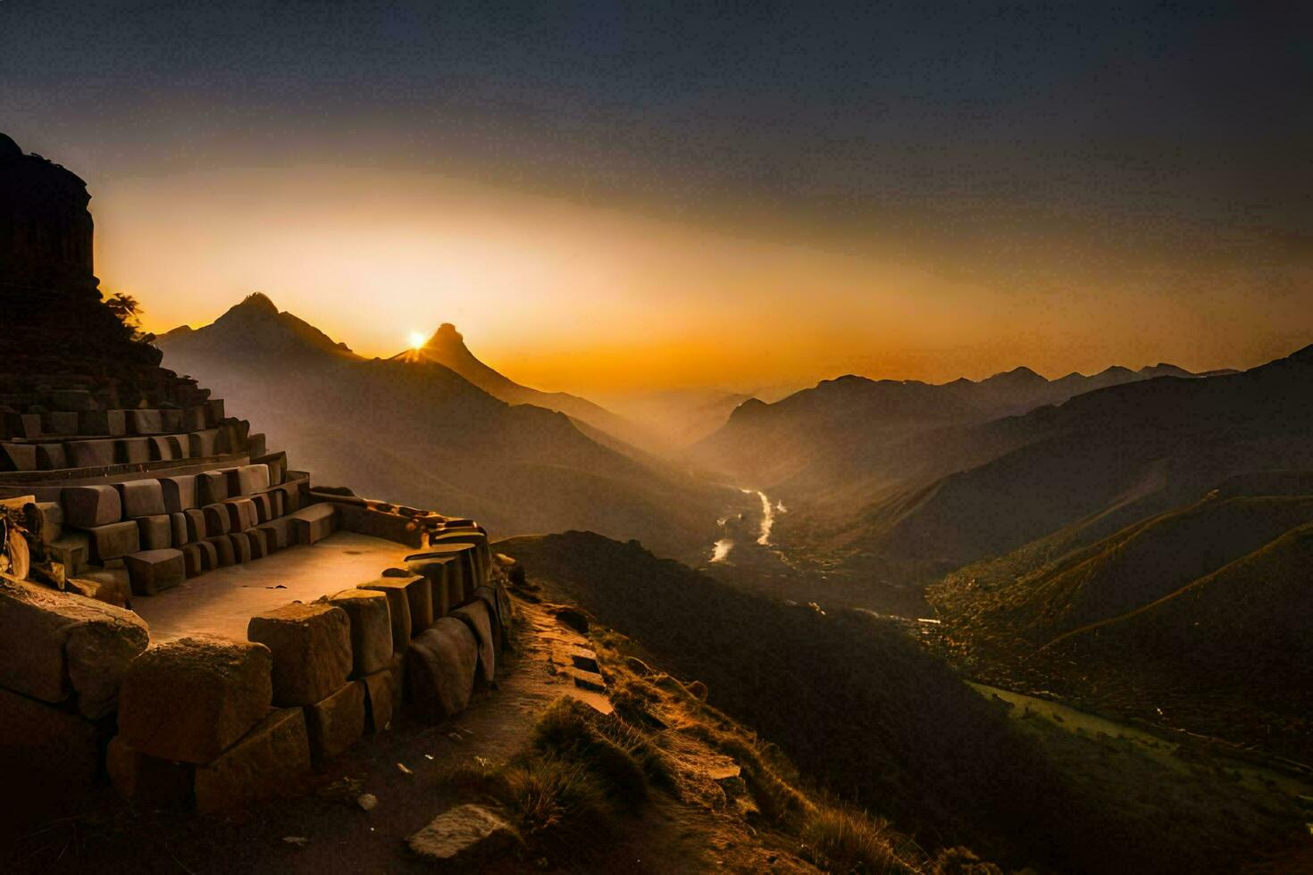 das Sonne steigt an Über das Berge und Ruinen im Peru. KI-generiert foto