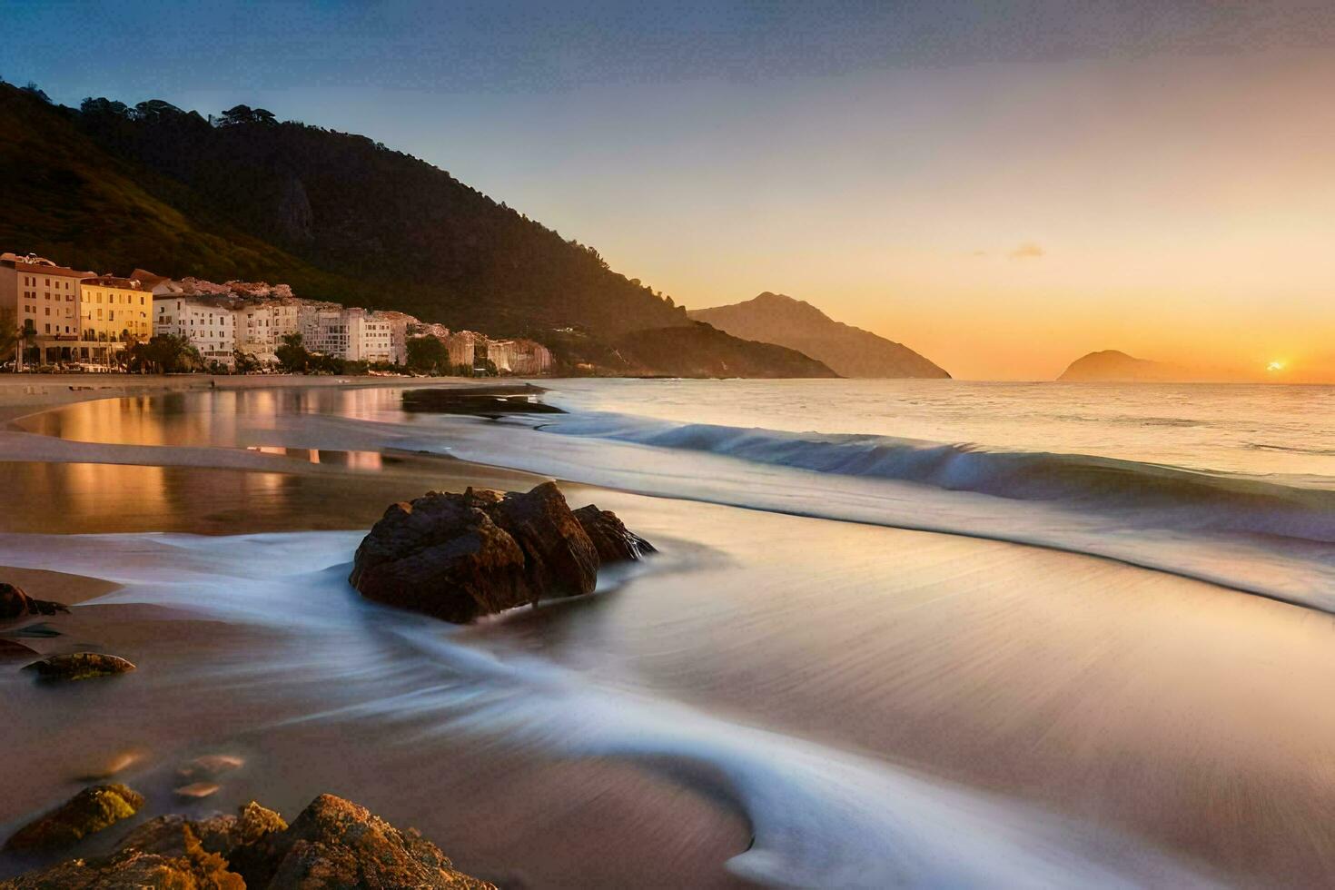 das Sonne setzt Über das Strand und Berge. KI-generiert foto