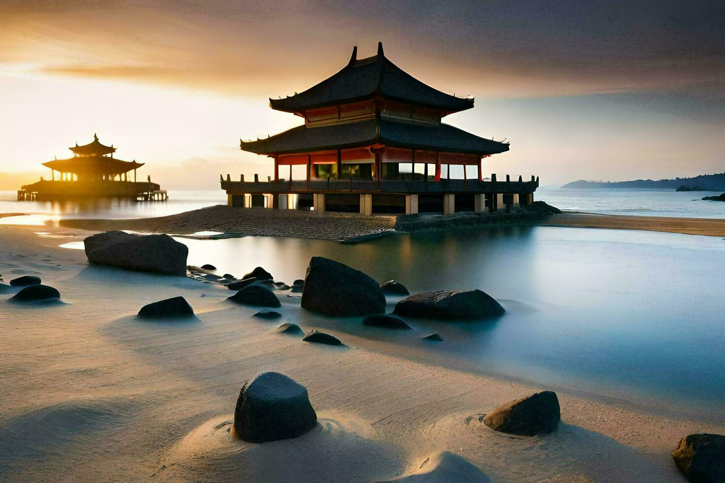 Foto Hintergrund das Himmel, Wasser, Strand, Felsen, Japan, das Ozean, das Strand. KI-generiert