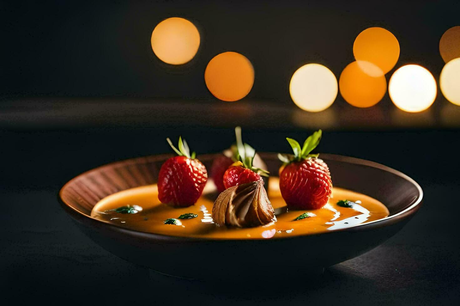 ein Schüssel von Suppe mit Erdbeeren und ein Kerze. KI-generiert foto