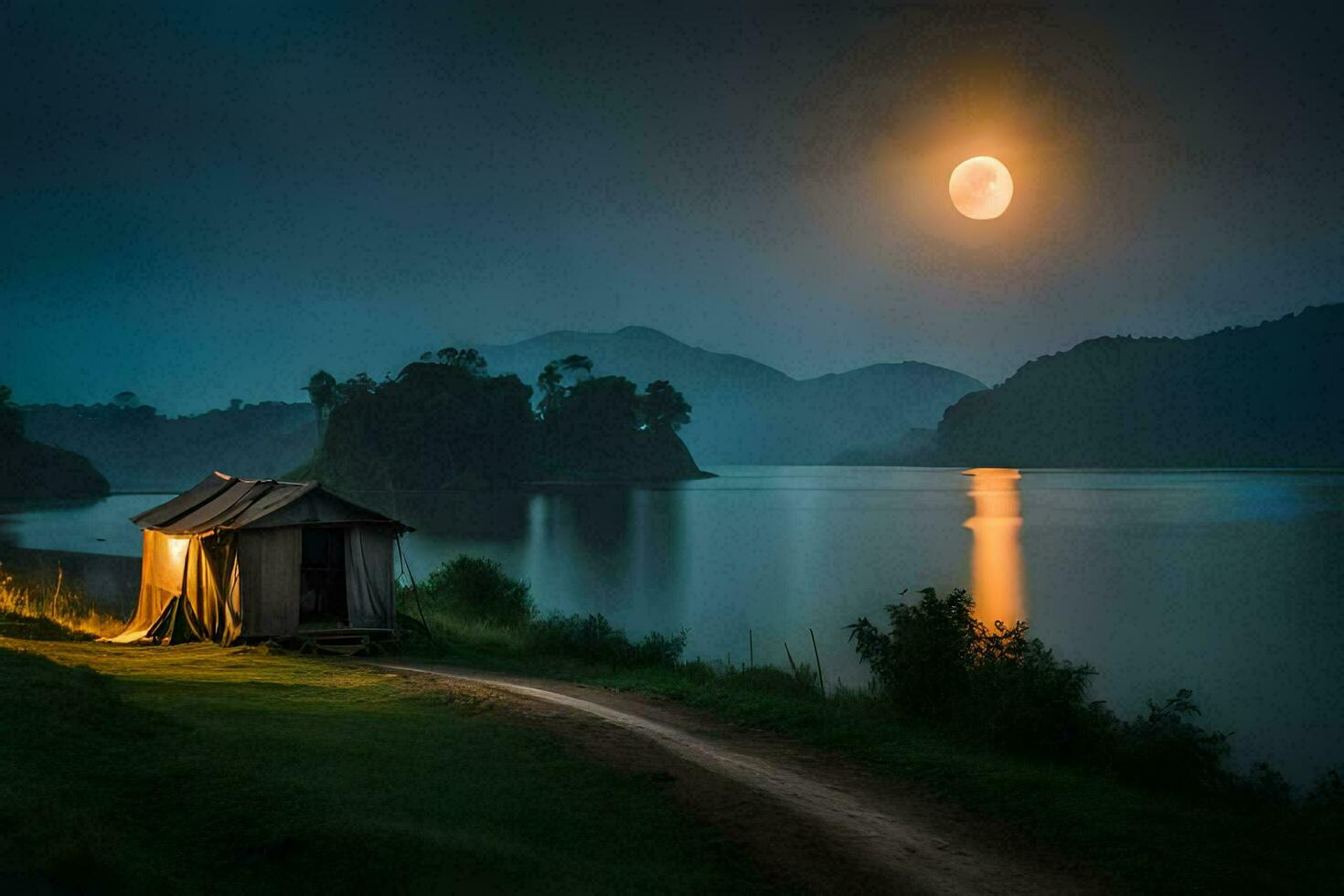 das Mond steigt an Über ein See und ein Hütte im das Mitte. KI-generiert foto